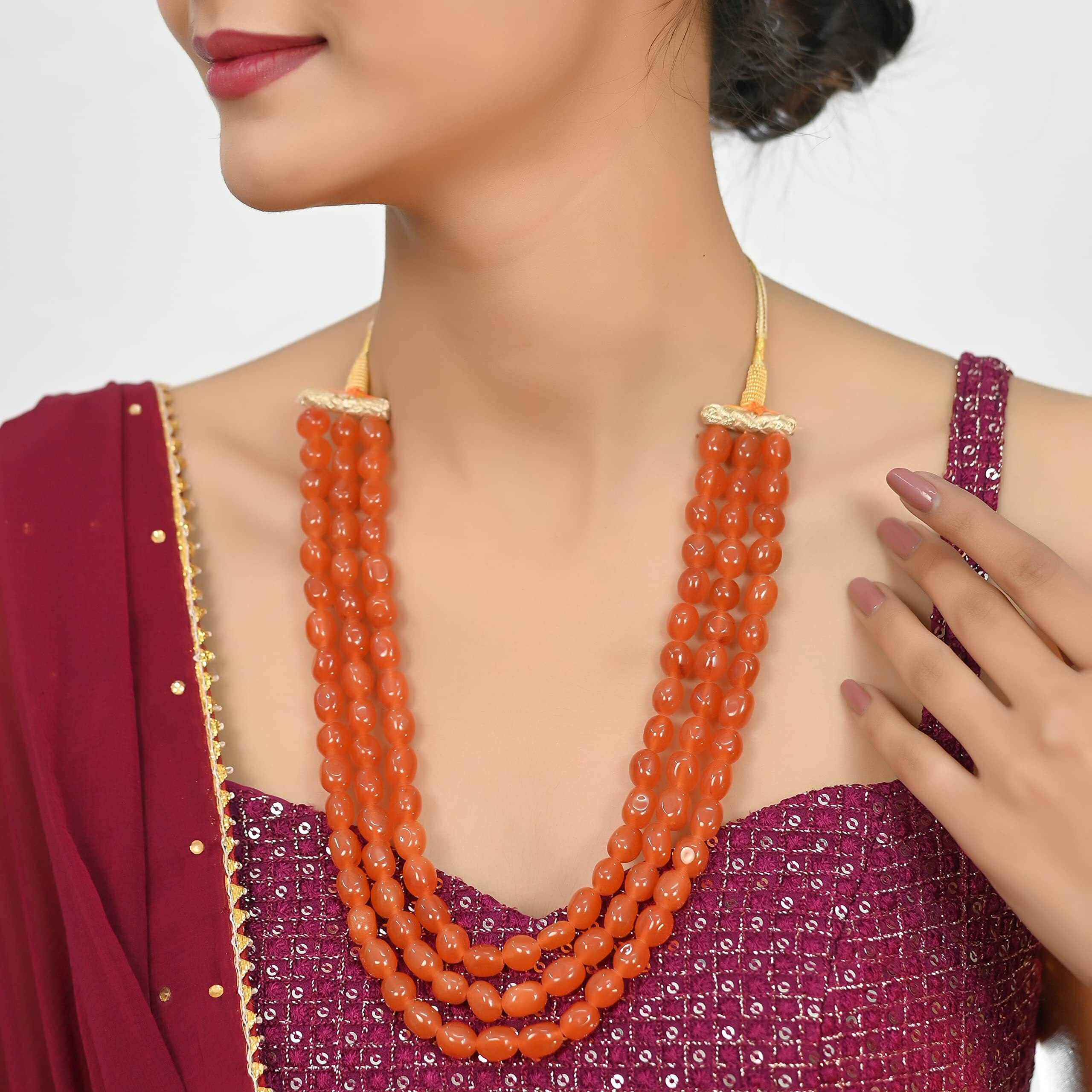 Ratnavali Jewels 3 Layer Real Orange Onyx Stone Beads Base Metal Shell Necklace for Women (RV3415O)