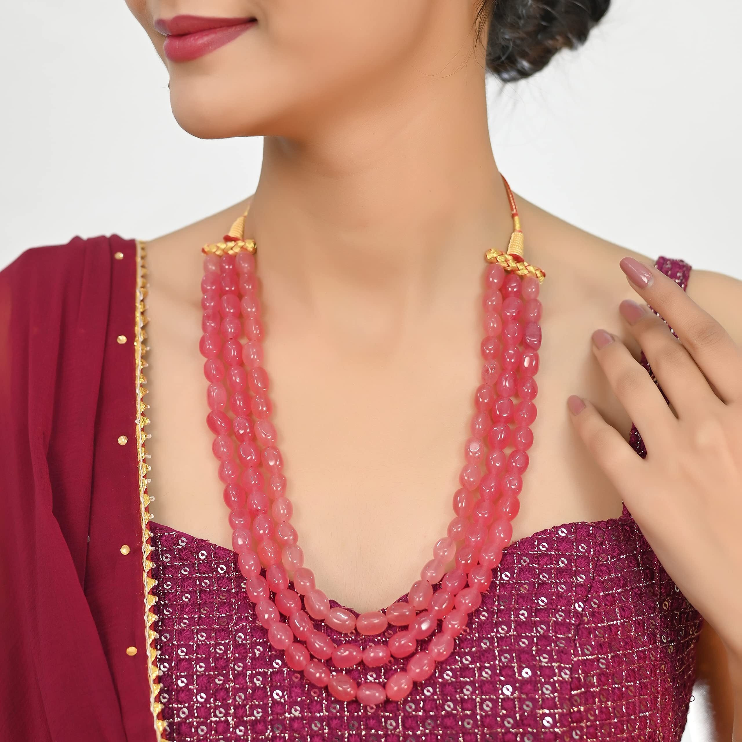 Ratnavali Jewels 3 Layer Real Pink Onyx Stone Beads Shell Base Metal Necklace for Women (Pink) (RV3415P)