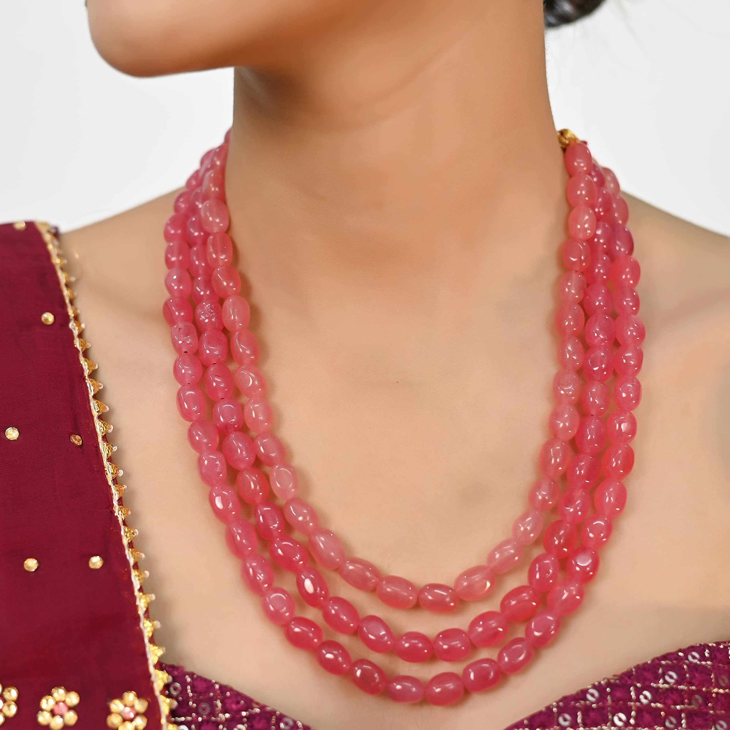 Ratnavali Jewels 3 Layer Real Pink Onyx Stone Beads Shell Base Metal Necklace for Women (Pink) (RV3415P)