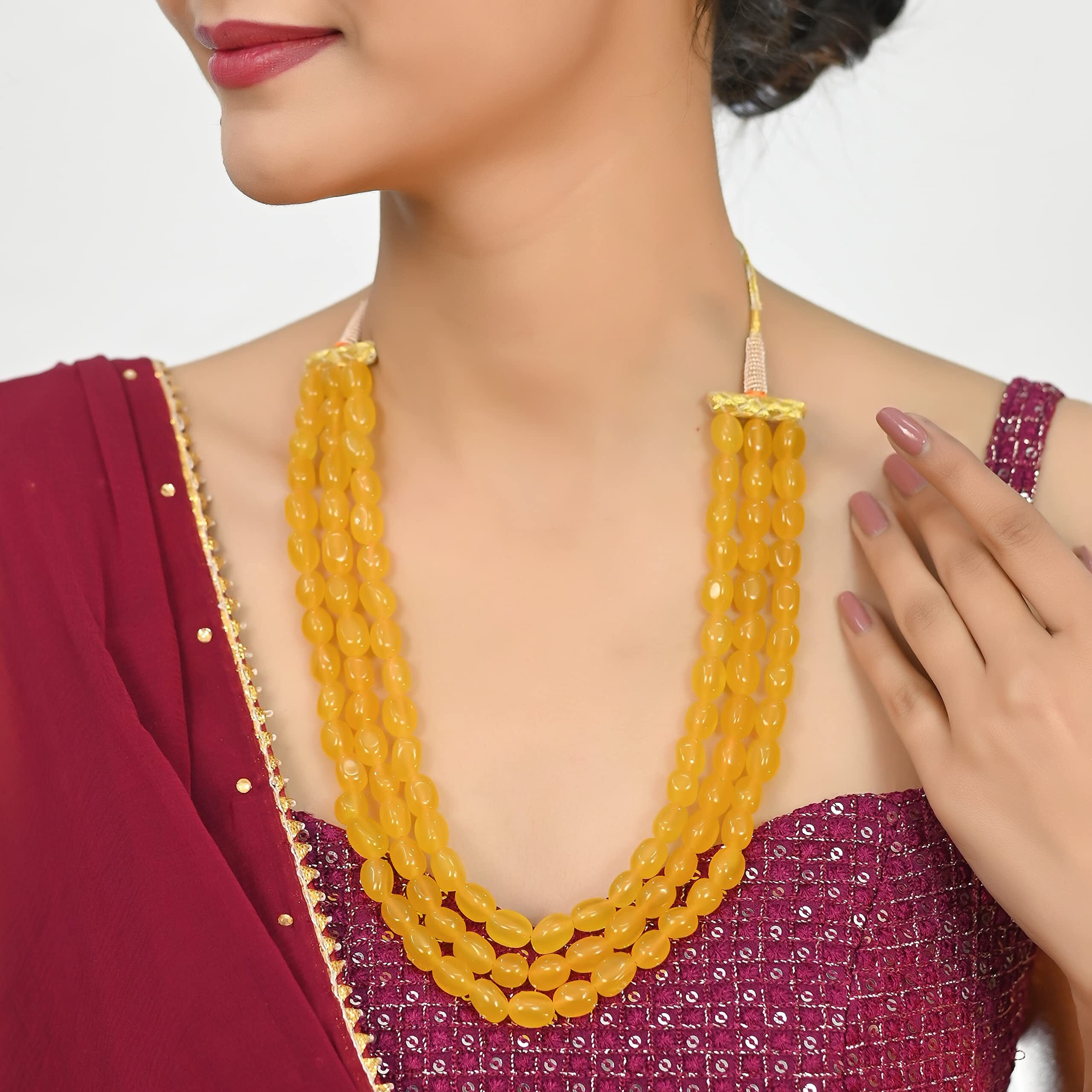 Ratnavali Jewels 3 Layer Real Yellow Onyx Stone Beads Base Metal Necklace for Women (RV3415Y)