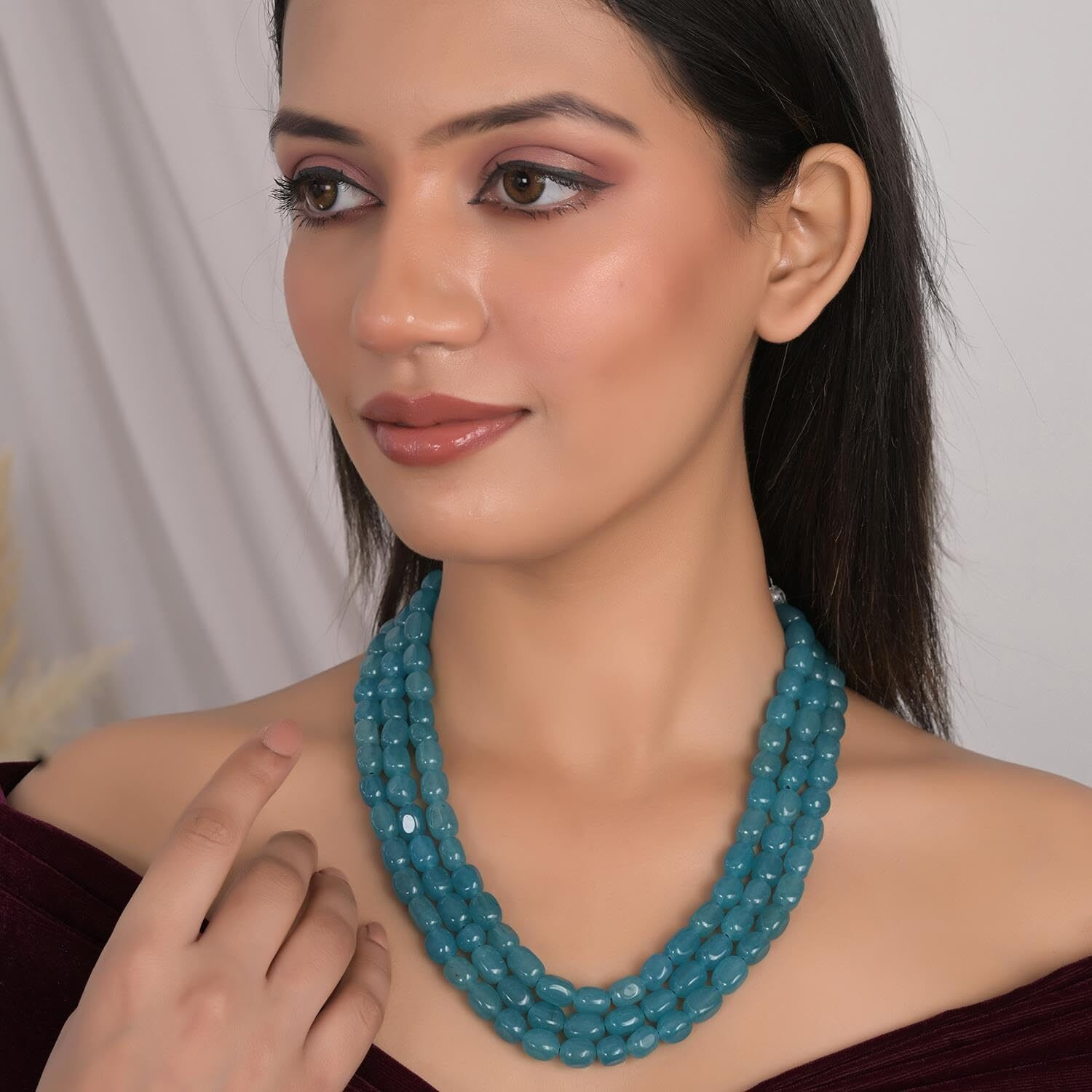 Ratnavali Jewels Shell Base Metal Sky Blue 3 Layer Real Onyx Stone Beads Base Blue Metal Necklace for Womens (RV3415B)