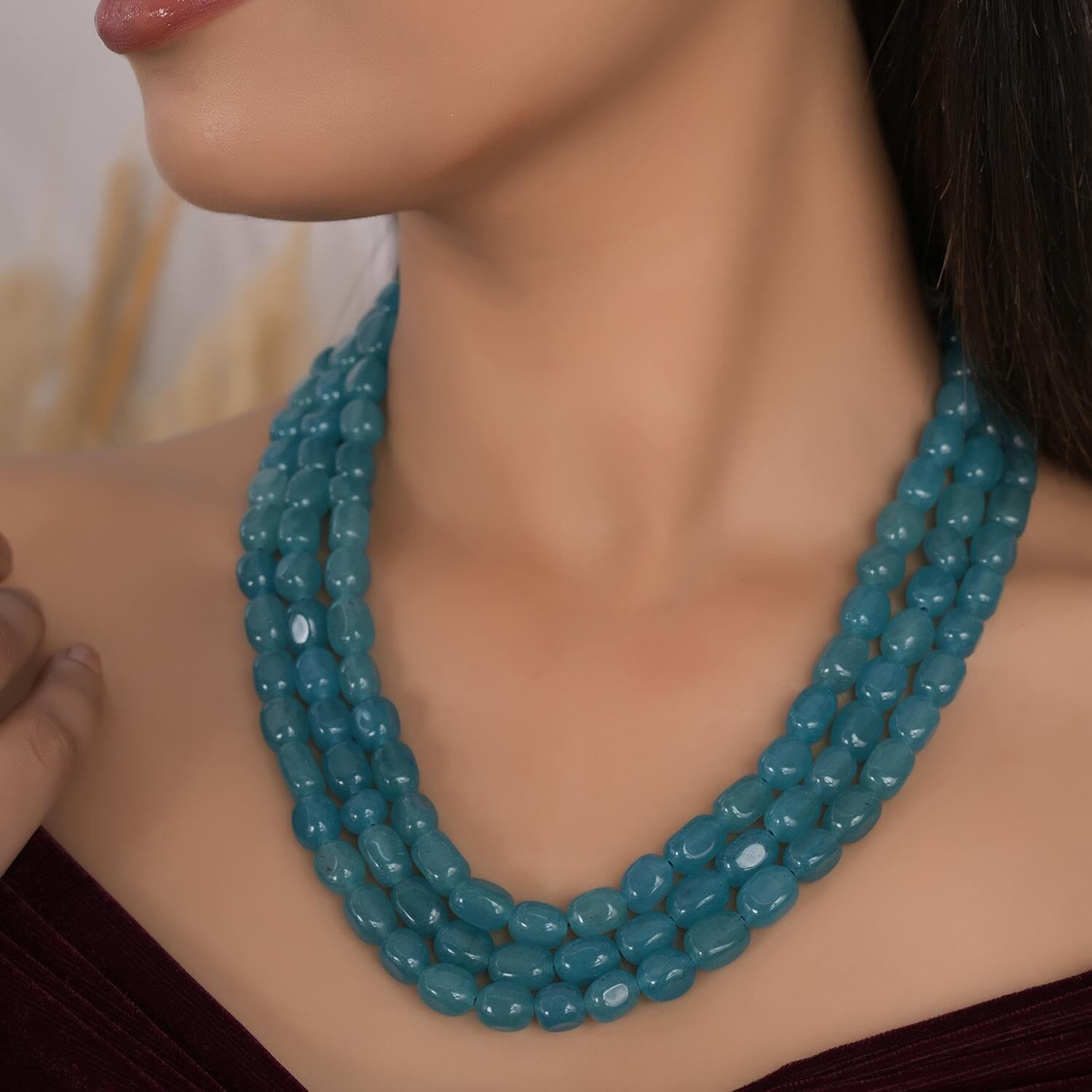 Ratnavali Jewels Shell Base Metal Sky Blue 3 Layer Real Onyx Stone Beads Base Blue Metal Necklace for Womens (RV3415B)