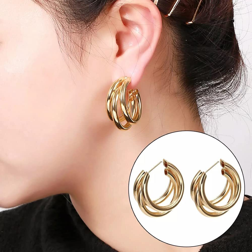 Shining Diva Fashion Latest Stylish Gold Plated Triple Hoop Earrings for Women And Girls (14610er)