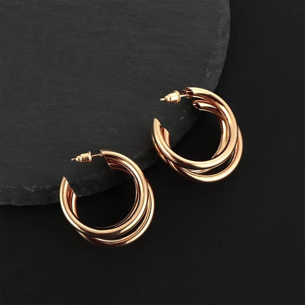 Shining Diva Fashion Latest Stylish Gold Plated Triple Hoop Earrings for Women And Girls (14610er)
