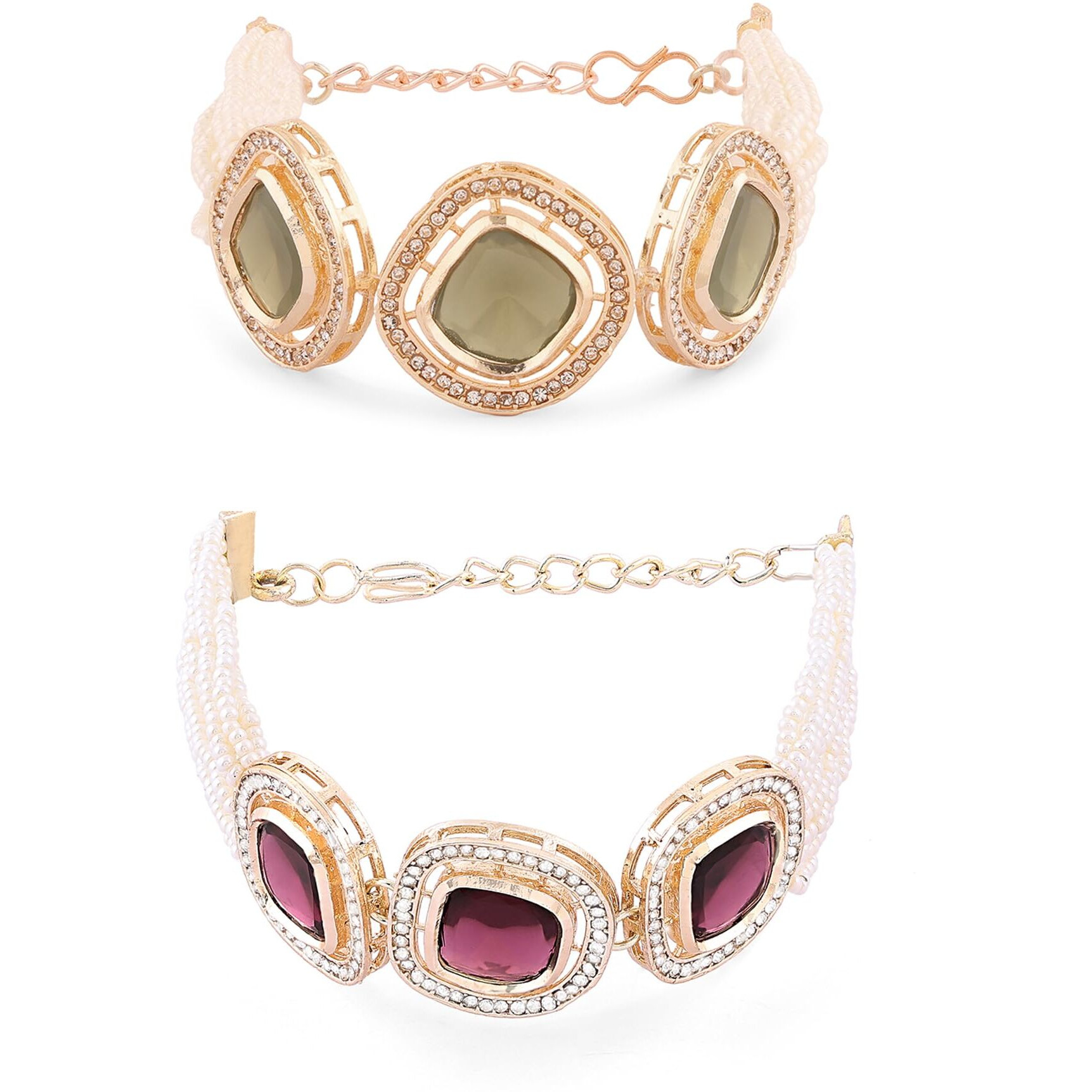 ZAVERI PEARLS Set Of 2 Purple & Green Multistrand Dazzling Austrian Diamonds & Beads Bracelet For Women-ZPFK16875