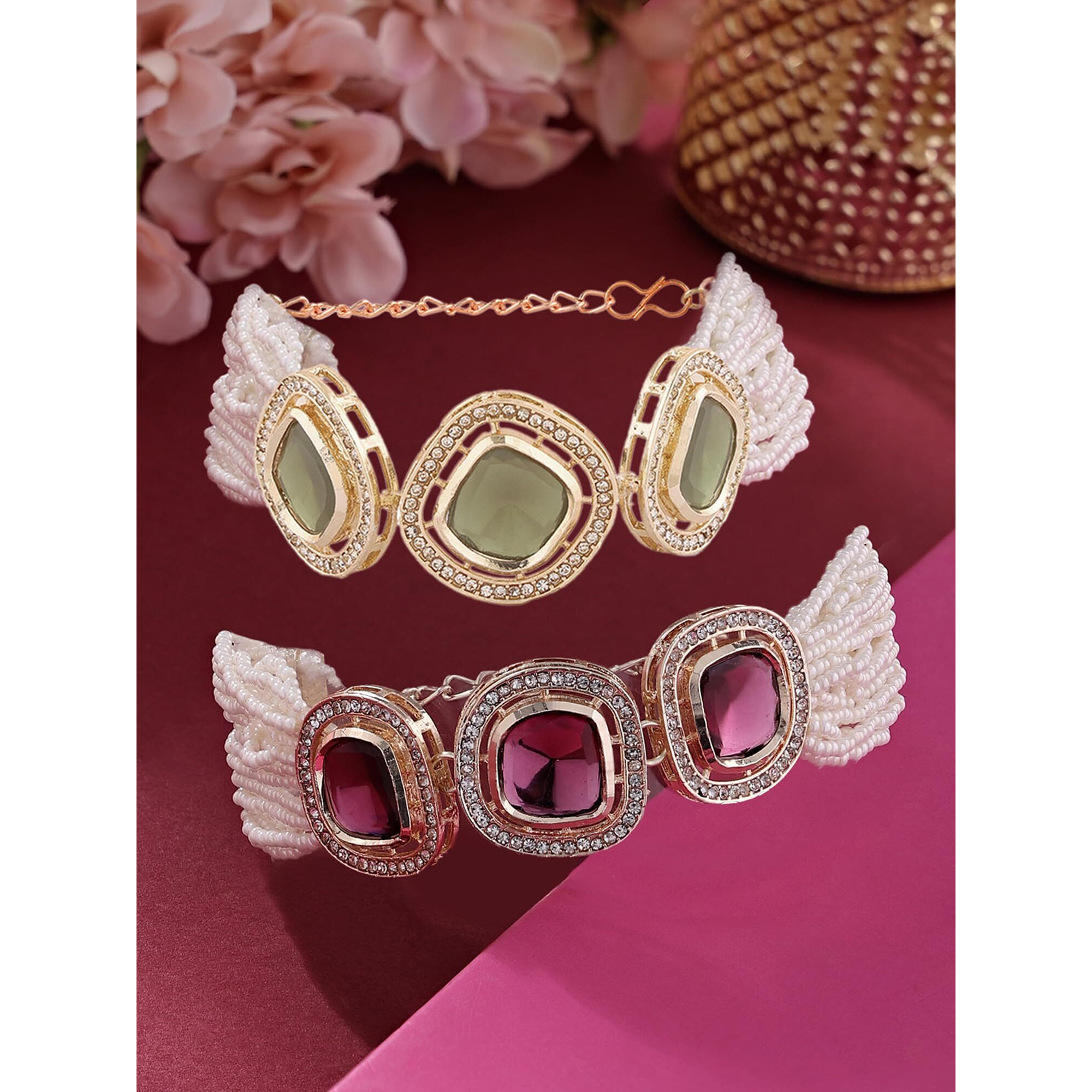 ZAVERI PEARLS Set Of 2 Purple & Green Multistrand Dazzling Austrian Diamonds & Beads Bracelet For Women-ZPFK16875