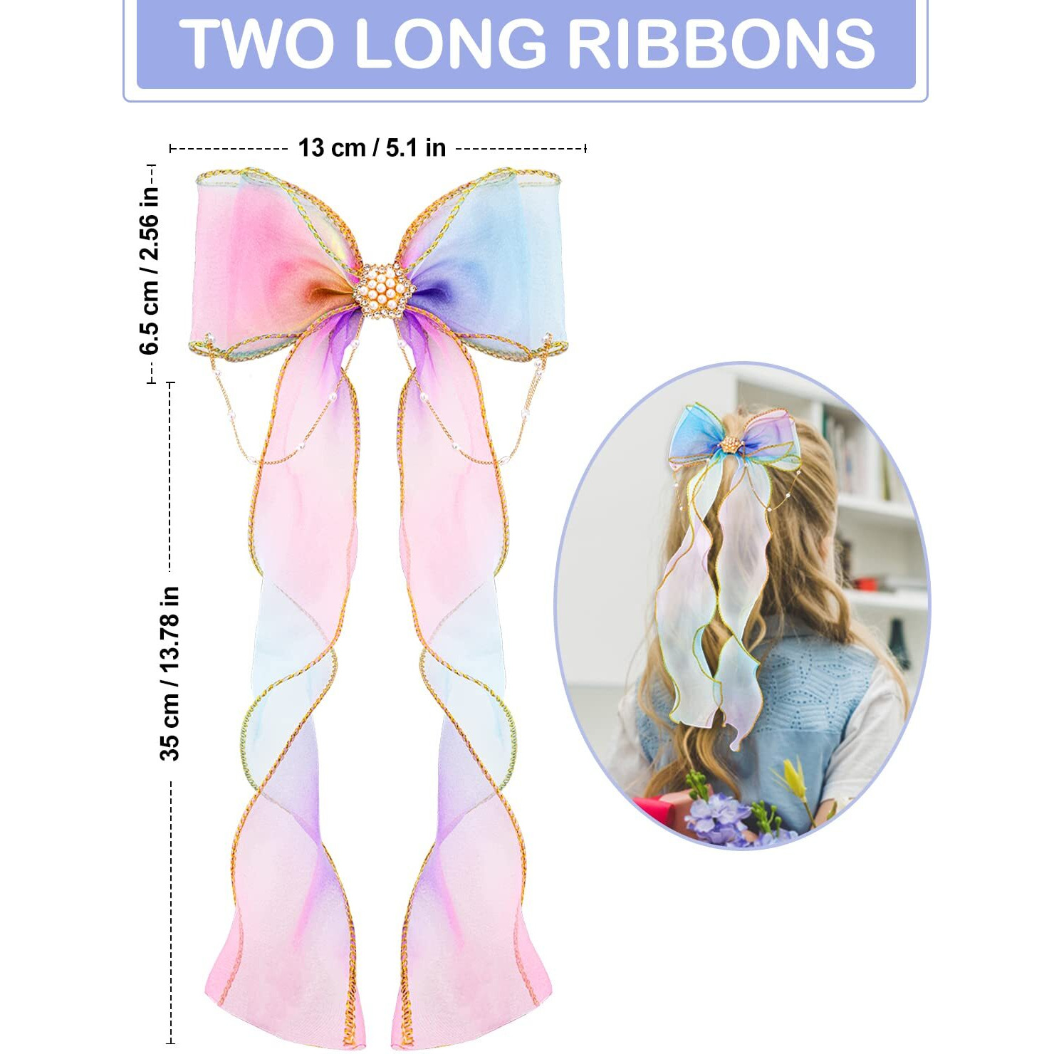 SANNIDHI 2Pcs Hair Bow for Girls Kids Cute Rainbow Ribbon Bow Clip Pearl Bow Hair Clips for Girls Princess Hair Accessories for Girls Gift
