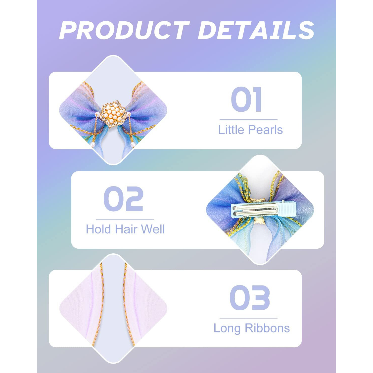 SANNIDHI 2Pcs Hair Bow for Girls Kids Cute Rainbow Ribbon Bow Clip Pearl Bow Hair Clips for Girls Princess Hair Accessories for Girls Gift