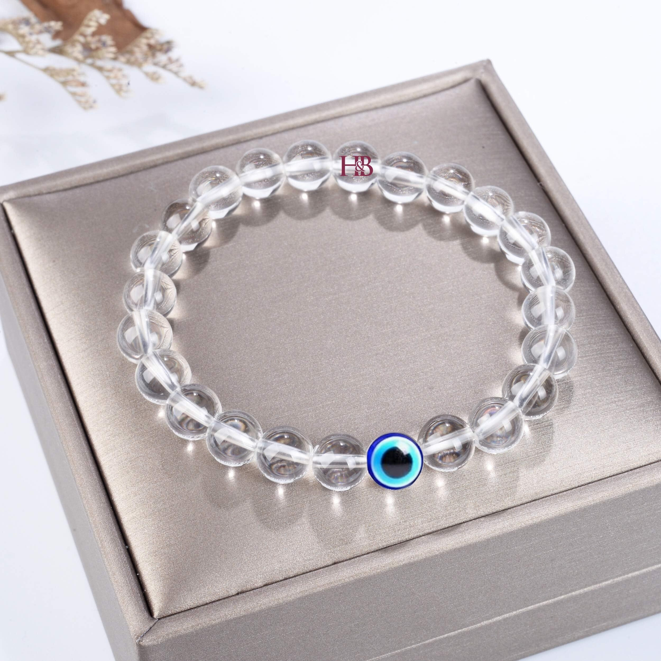 Natural Gemstones Reiki Healing Bracelet with Evil Eye Beads - Authentic Certified Healing Stone Jewelry (Clear Quartz Clarity Guardian Bracelet)