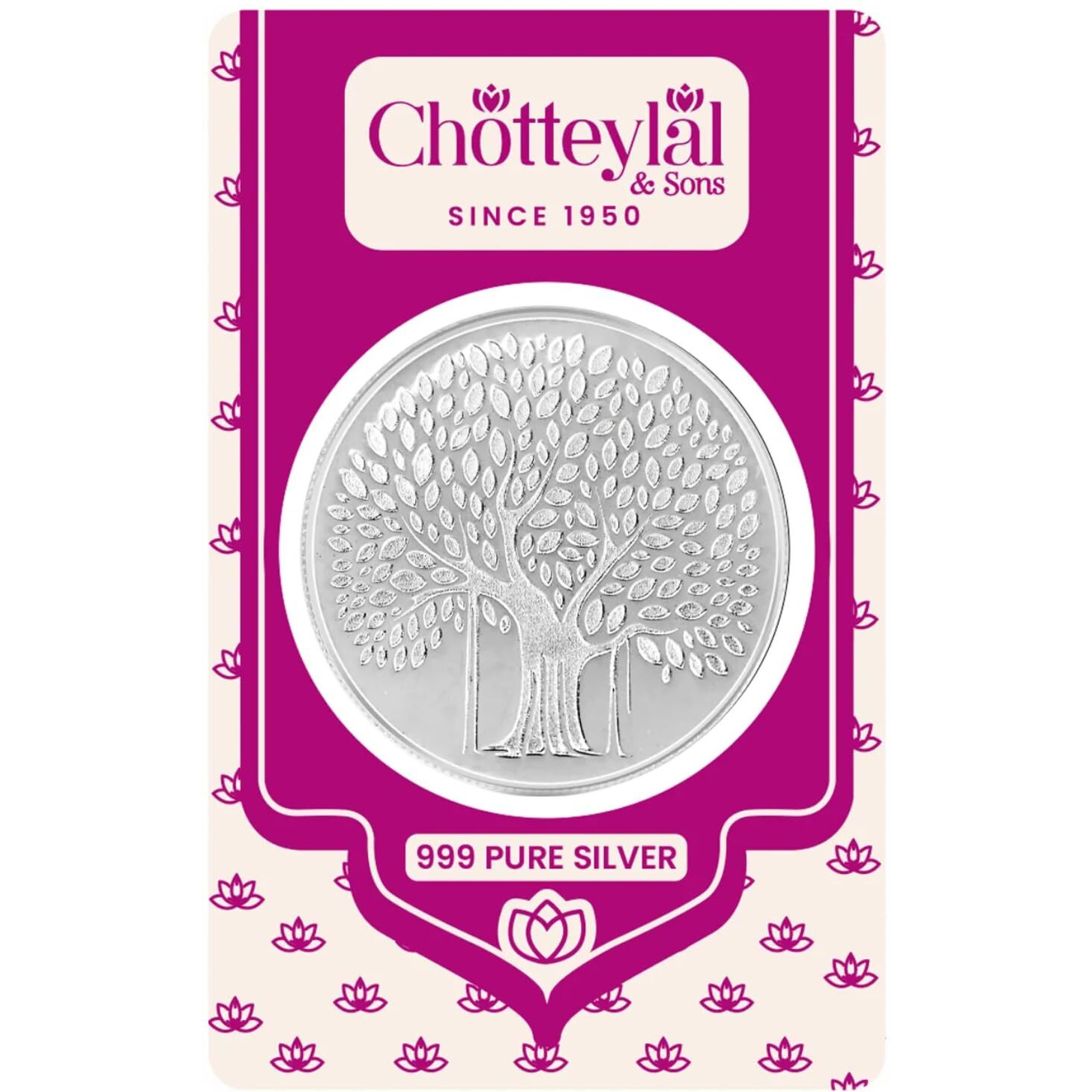 CHOTTEY LAL AND SONS 999 Purity Banyan Tree Round Silver Coin with Unique Blister Card Packaging for Coporate Gifting, Ceremony, Wedding and Festivals (Silver, 20 Gram)