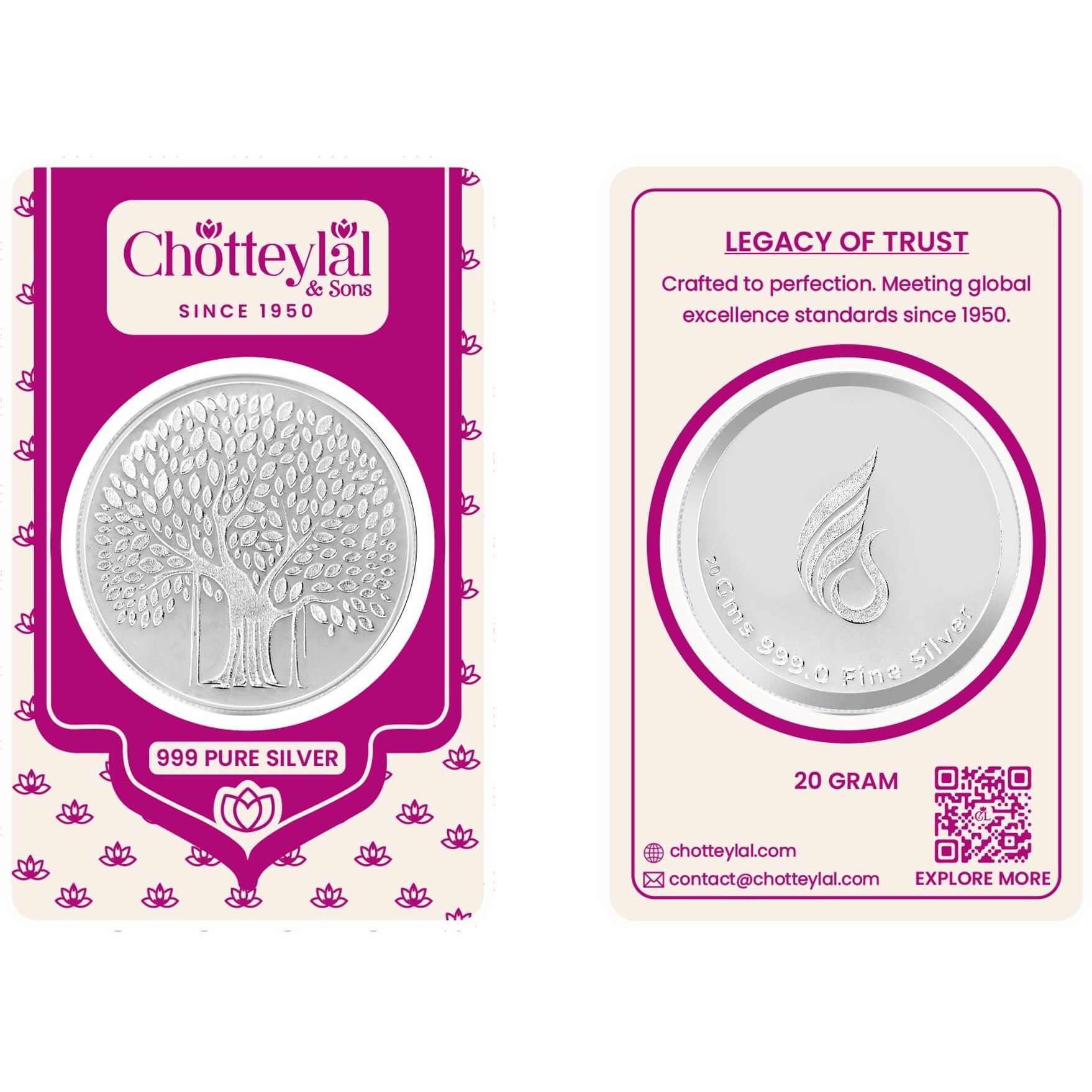 CHOTTEY LAL AND SONS 999 Purity Banyan Tree Round Silver Coin with Unique Blister Card Packaging for Coporate Gifting, Ceremony, Wedding and Festivals (Silver, 20 Gram)