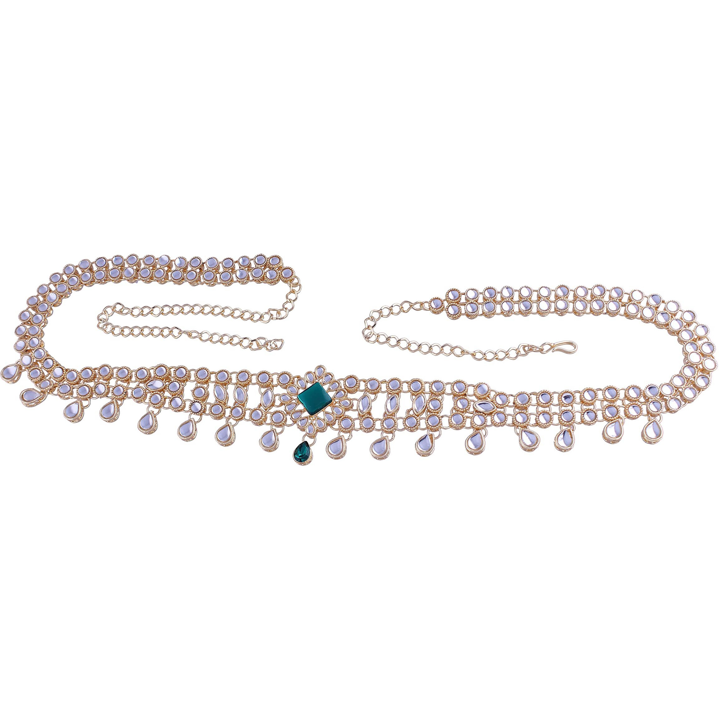 I Jewels Gold Plated Traditional Green Stone Handcrafted Adjustable Pearl Kamarband/Belly Chain/Kandora/Wait Belt For Women (B027G)