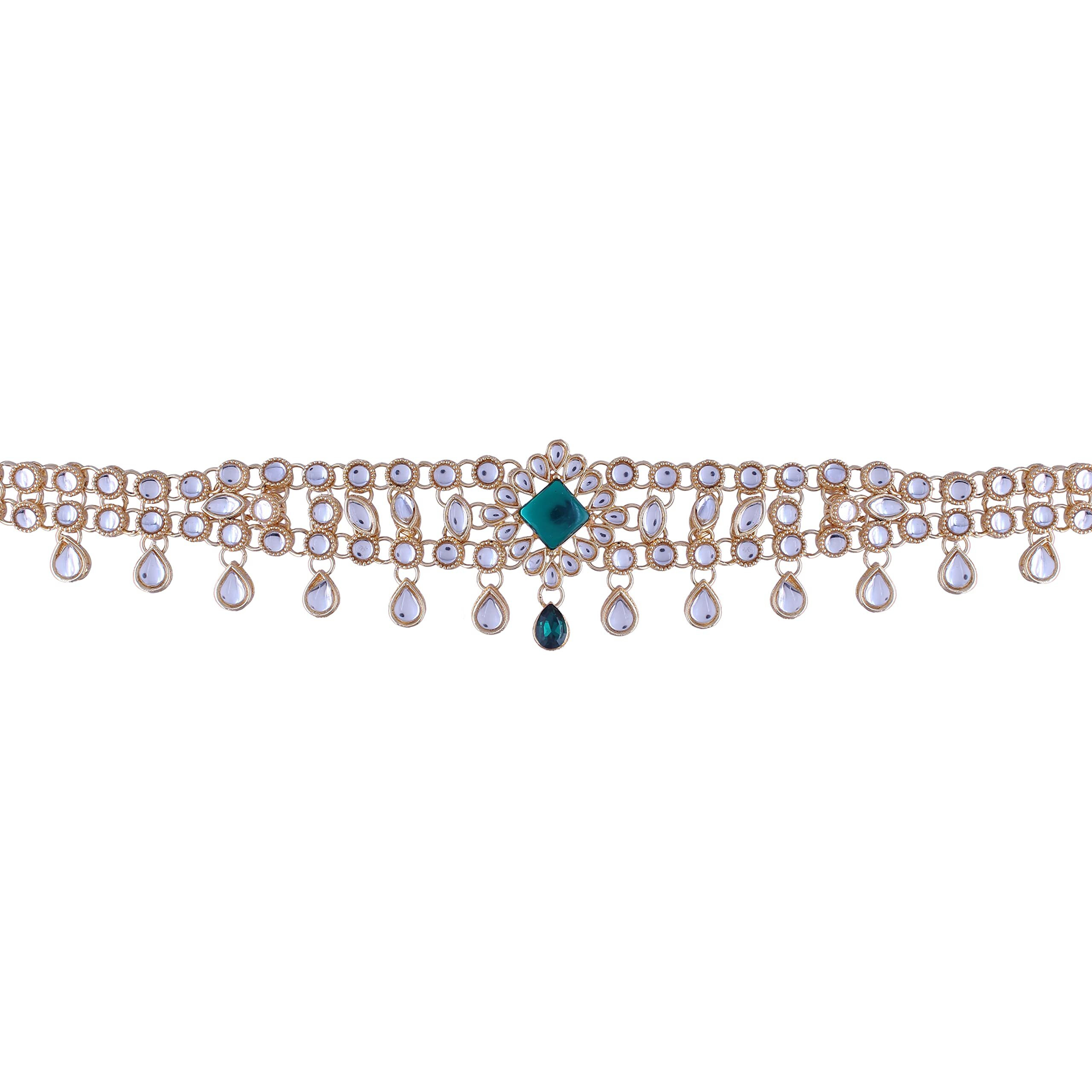 I Jewels Gold Plated Traditional Green Stone Handcrafted Adjustable Pearl Kamarband/Belly Chain/Kandora/Wait Belt For Women (B027G)