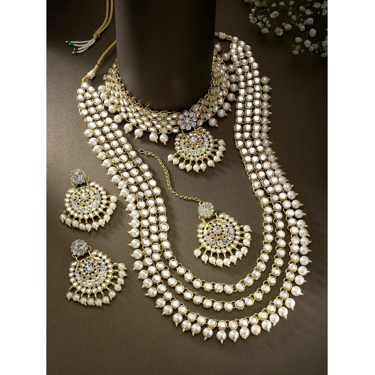 Peora 18K Gold Plated Kundan Faux Bead Bridal Necklace Jewellery Set for Women Girls