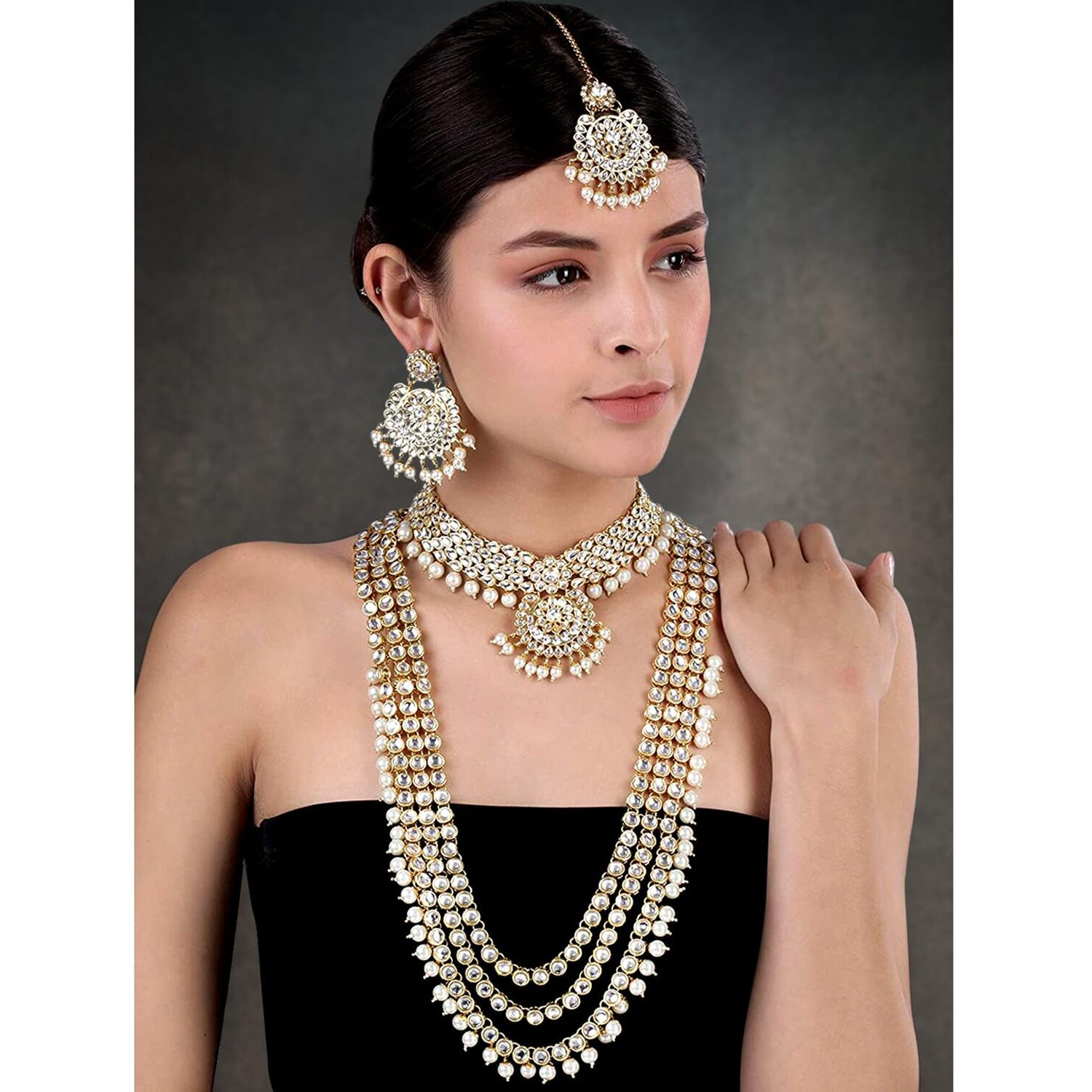 Peora 18K Gold Plated Kundan Faux Bead Bridal Necklace Jewellery Set for Women Girls