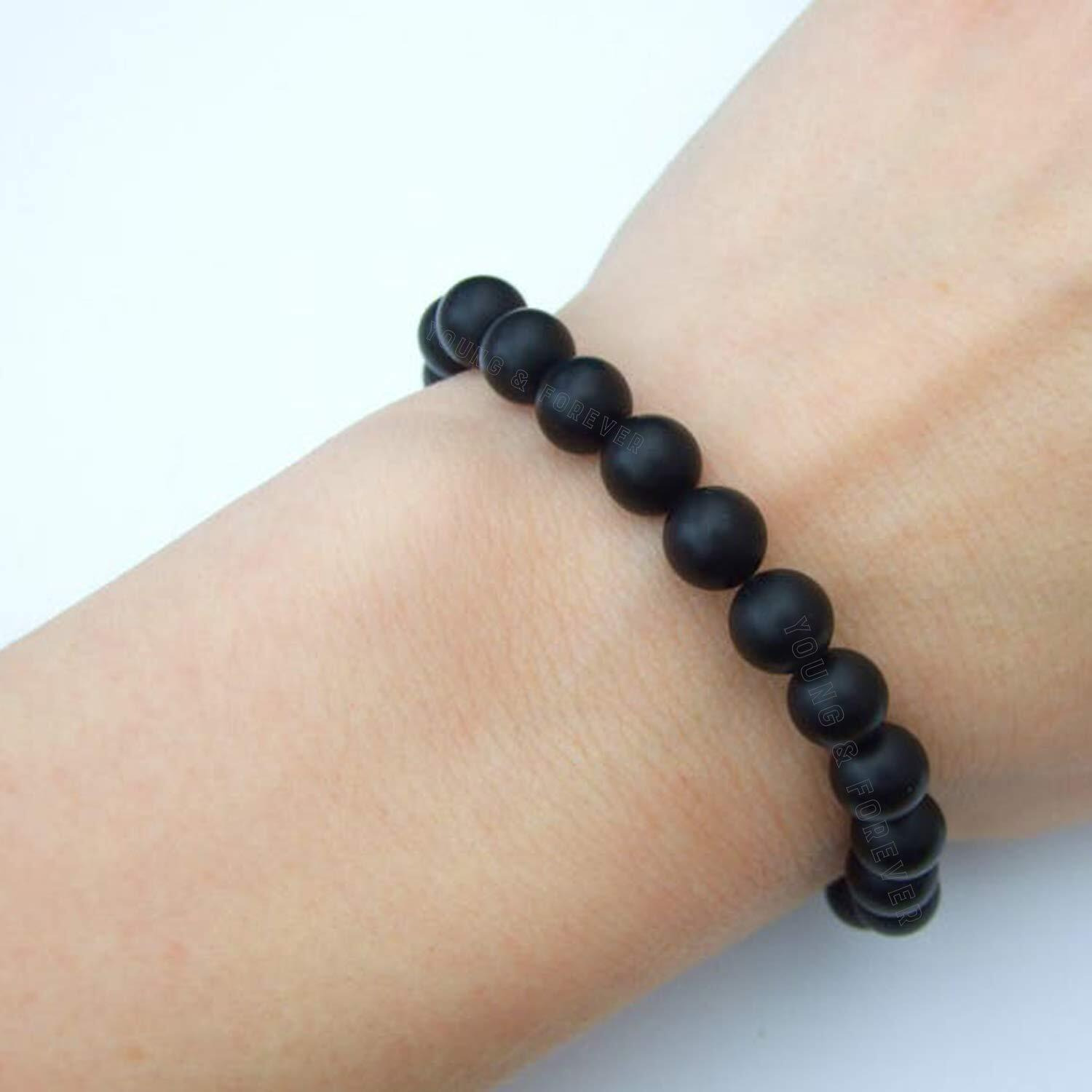 Young & Forever Gift Certified Reiki Crystal Semi Precious Gemstone Matt Onyx Bracelet Negative Energy Protection Healing Stone Stretch Bracelet for Men and Women