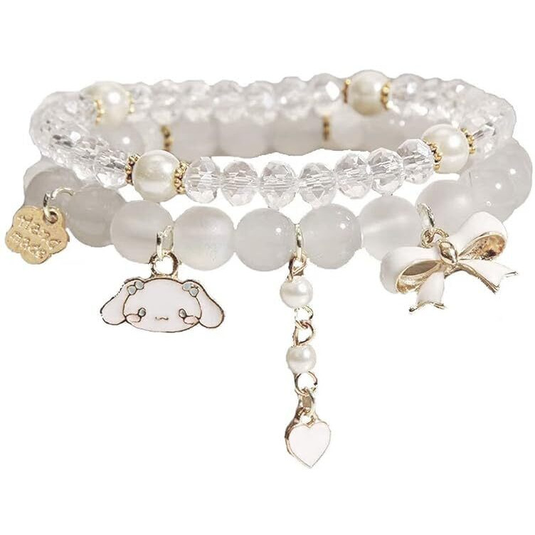 SANNIDHI 2pcs Crystal Bead Bracelet for Woman Cinnamoroll Charm Friendship Bracelet for Girls, Double Layer Cute Cartoon Elastic Bracelet for Women Girls Teens Jewelry Gifts (Cinnamoroll Charm)