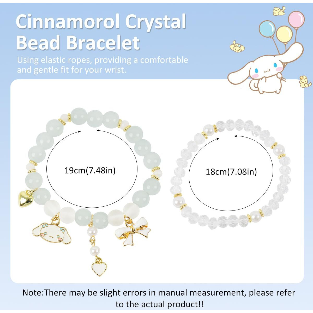 SANNIDHI 2pcs Crystal Bead Bracelet for Woman Cinnamoroll Charm Friendship Bracelet for Girls, Double Layer Cute Cartoon Elastic Bracelet for Women Girls Teens Jewelry Gifts (Cinnamoroll Charm)