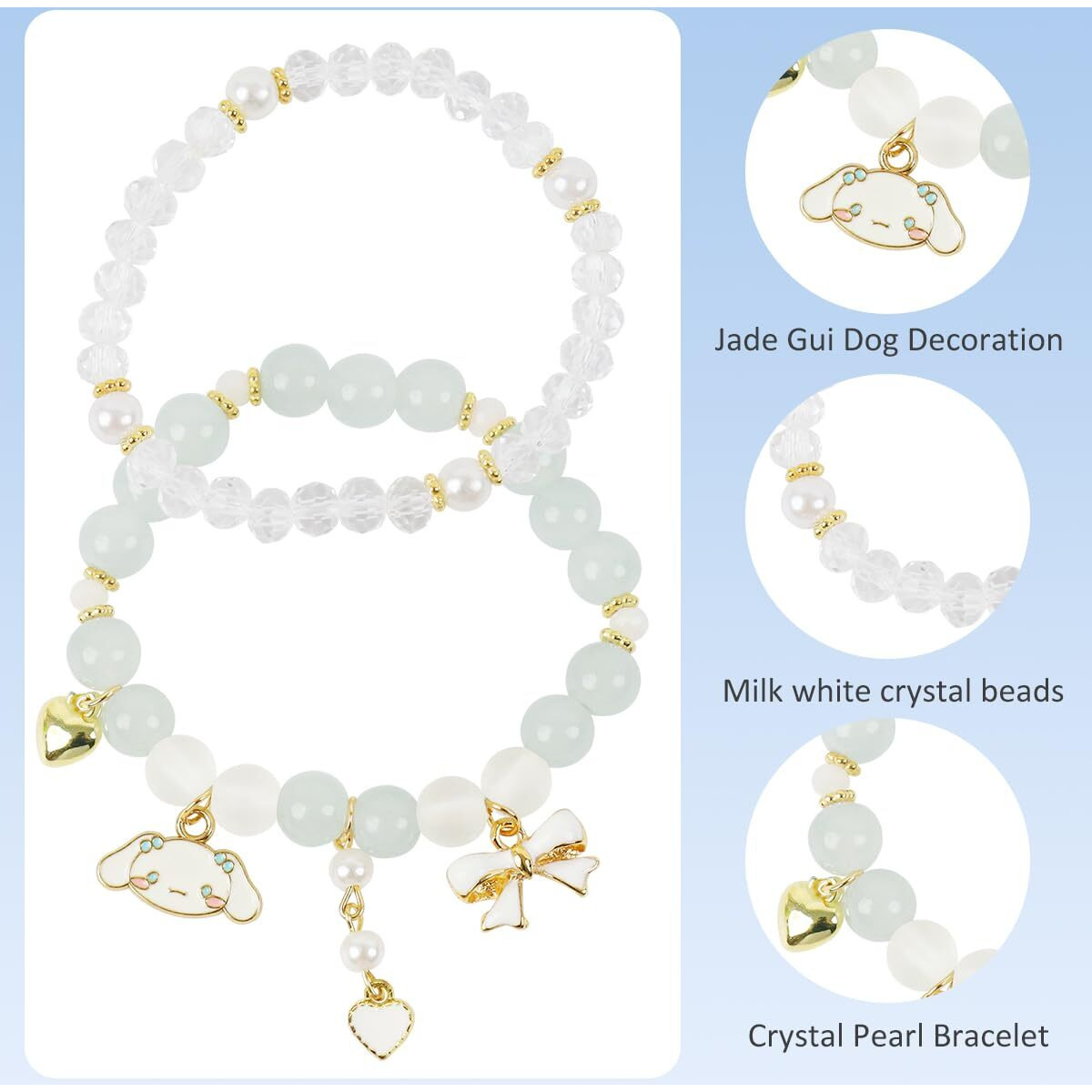 SANNIDHI 2pcs Crystal Bead Bracelet for Woman Cinnamoroll Charm Friendship Bracelet for Girls, Double Layer Cute Cartoon Elastic Bracelet for Women Girls Teens Jewelry Gifts (Cinnamoroll Charm)
