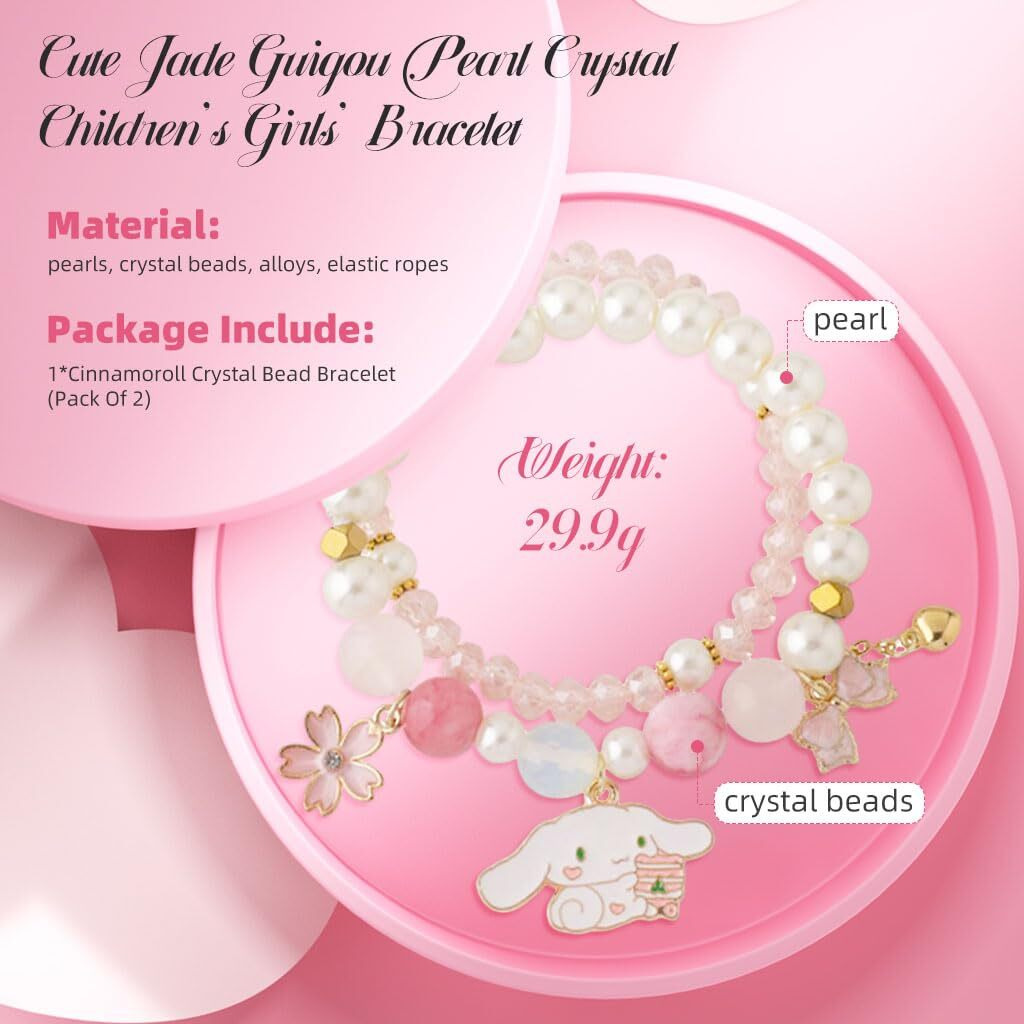 SANNIDHI Crystal Bracelet for Girls Women Cute Cinnamoroll Pearl Crystal Bead Bracelet for Kids Girls 2-Layer Cartoon Elastic Bracelet Jewelry for Girls Childrens Day Gift