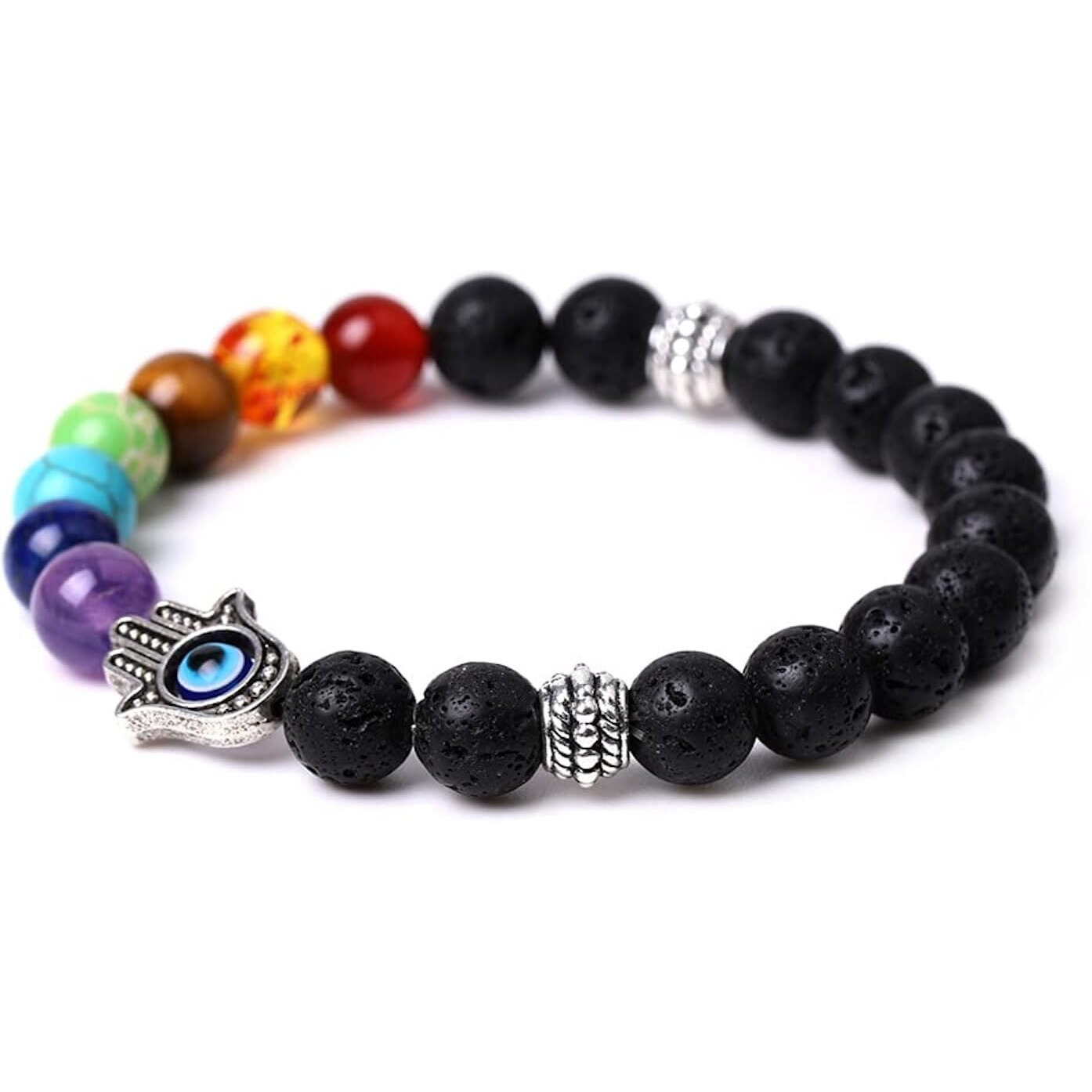 Hot And Bold Unisex Adult 7 Chakra Triple Protection Bracelet Natural Stones With Certificate Of Authenticity (Lava Hamsa Evil Eve)