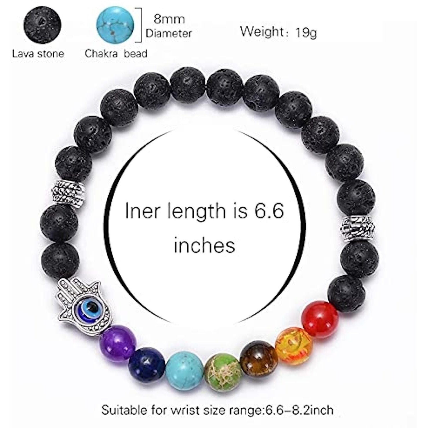 Hot And Bold Unisex Adult 7 Chakra Triple Protection Bracelet Natural Stones With Certificate Of Authenticity (Lava Hamsa Evil Eve)