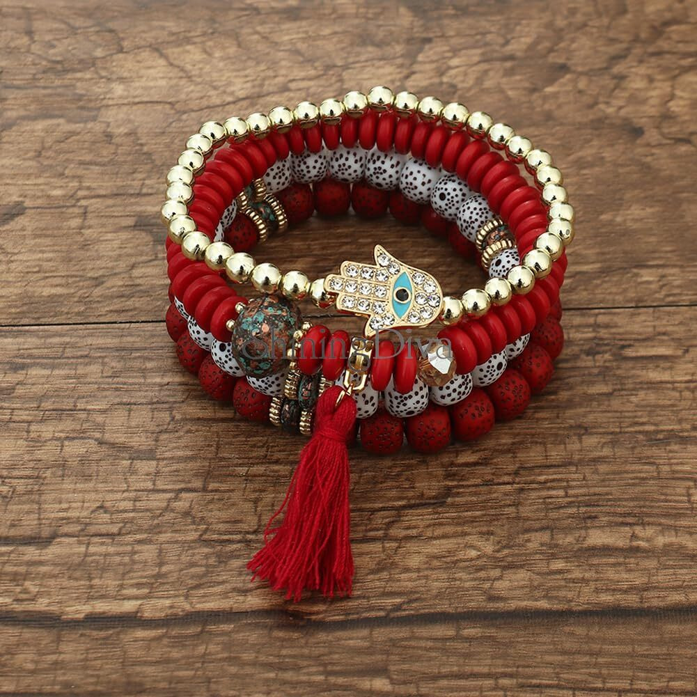 Shining Diva Fashion Latest Stylish Evil Eye Boho Bohemian Bangle Bracelet for Women and Girls (15426b)(Red)