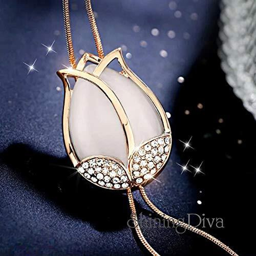 Shining Diva Fashion Crystal Non Precious Base Metal Tulip Flower Long Chain Pendant Necklace for Women (White, 10731np)
