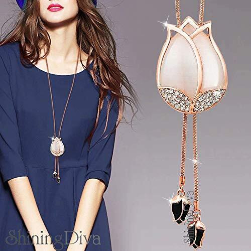 Shining Diva Fashion Crystal Non Precious Base Metal Tulip Flower Long Chain Pendant Necklace for Women (White, 10731np)