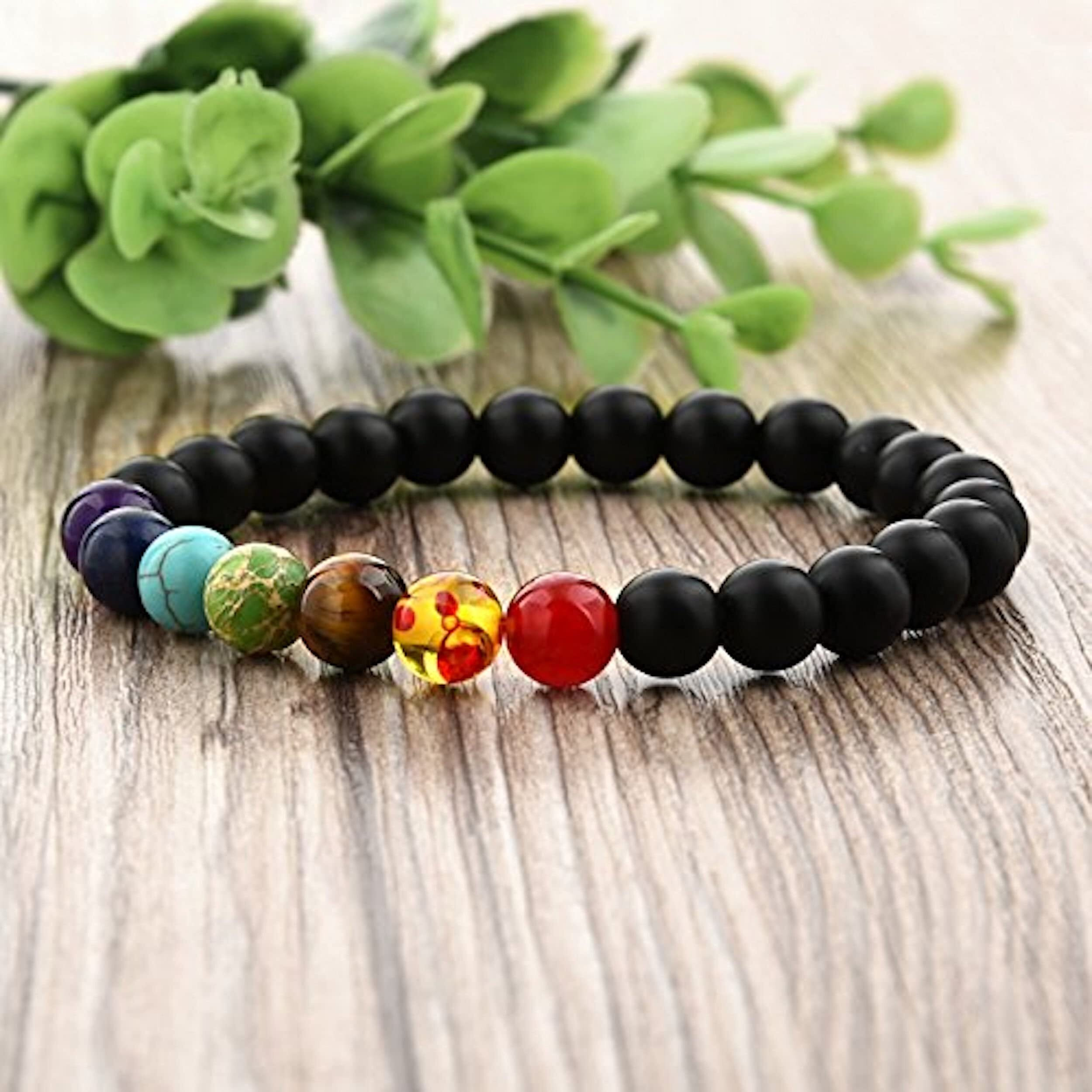 Hot And Bold Unisex-adult 7 Chakra Triple Protection Bracelet Natural Stones With Certificate Of Authenticity (Onyx 7 Chakra)