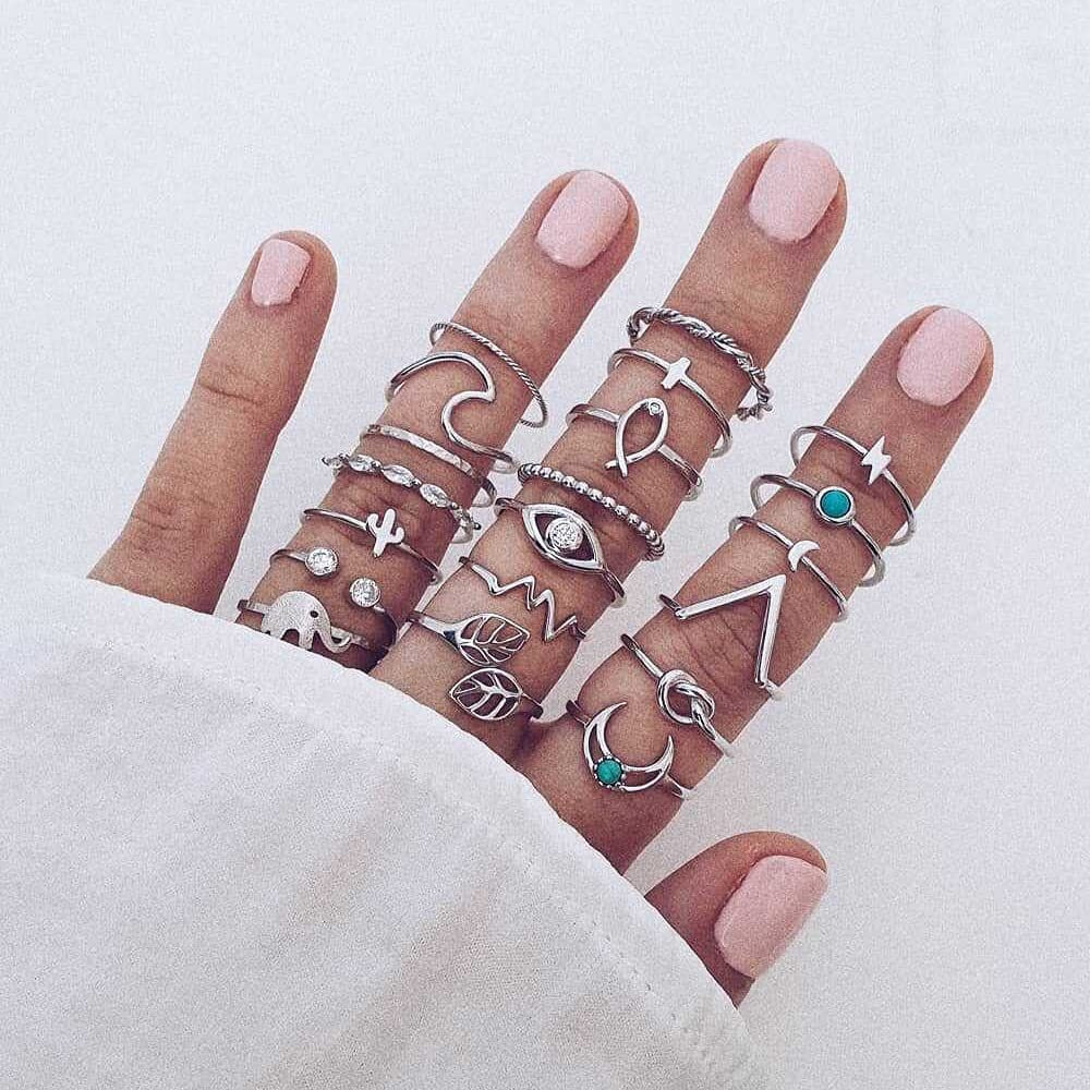 Shining Diva Fashion Latest Stylish Metal Boho Midi Finger Ring for Girls - Set of 20 (E12988r), Silver