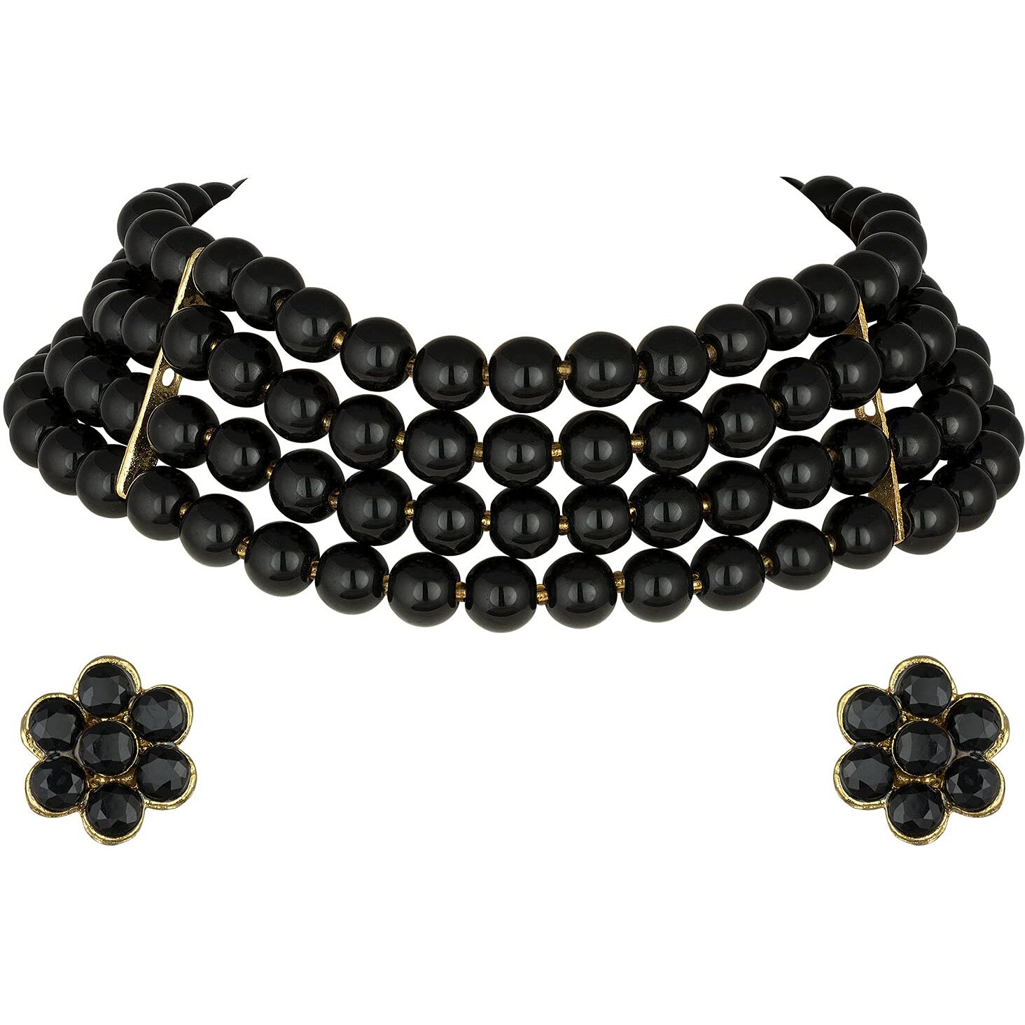 Peora Gold Plated Black Pearl Beaded Choker Necklace with Stud Earrings for Women Traditional Stylish Jewellery Set (Black)