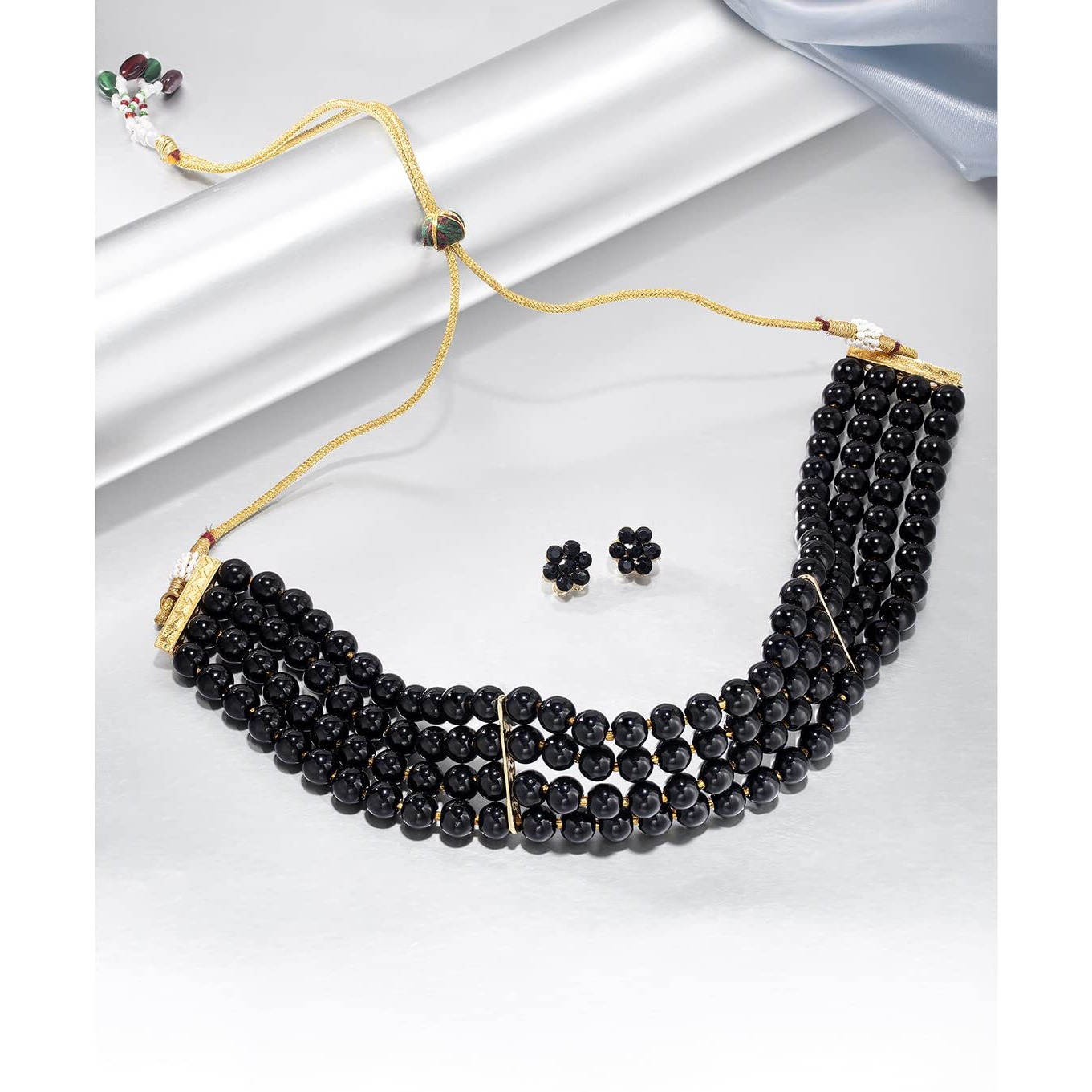 Peora Gold Plated Black Pearl Beaded Choker Necklace with Stud Earrings for Women Traditional Stylish Jewellery Set (Black)