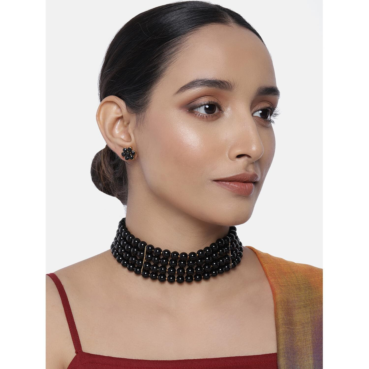 Peora Gold Plated Black Pearl Beaded Choker Necklace with Stud Earrings for Women Traditional Stylish Jewellery Set (Black)