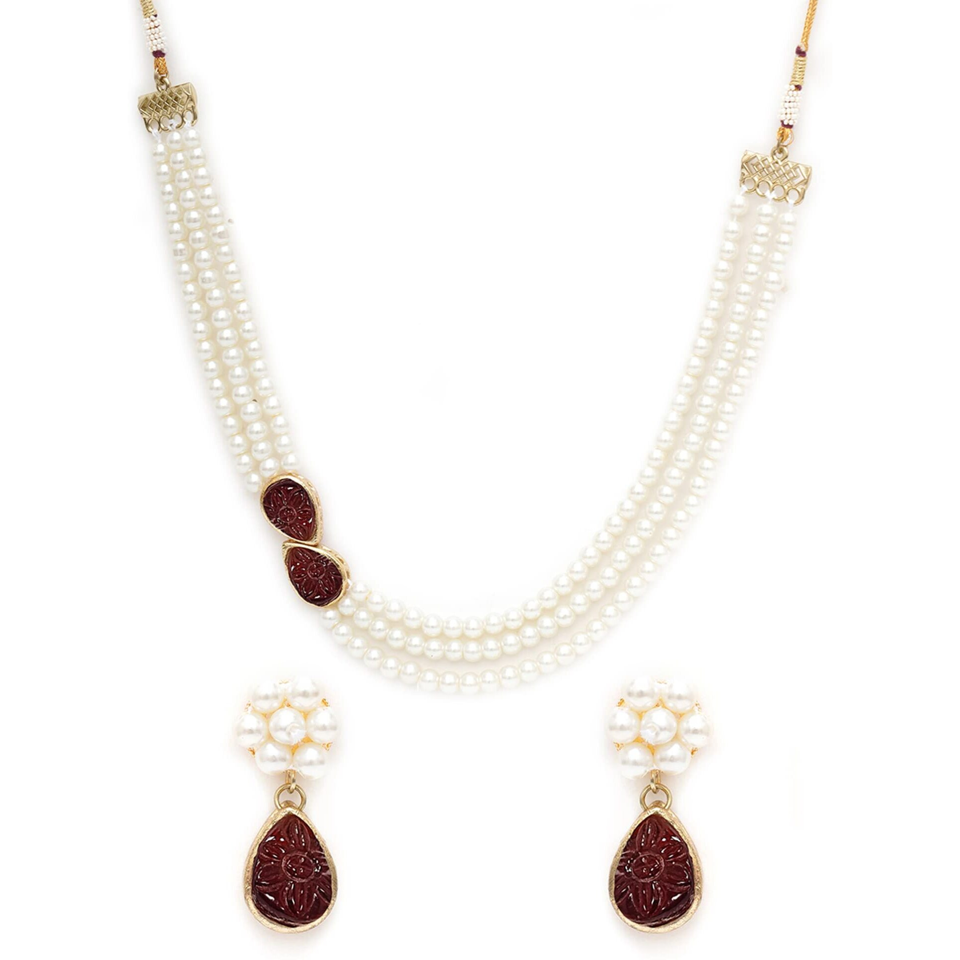 Karatcart Red Stone Studded Pearl Kundan Necklace Set for Women