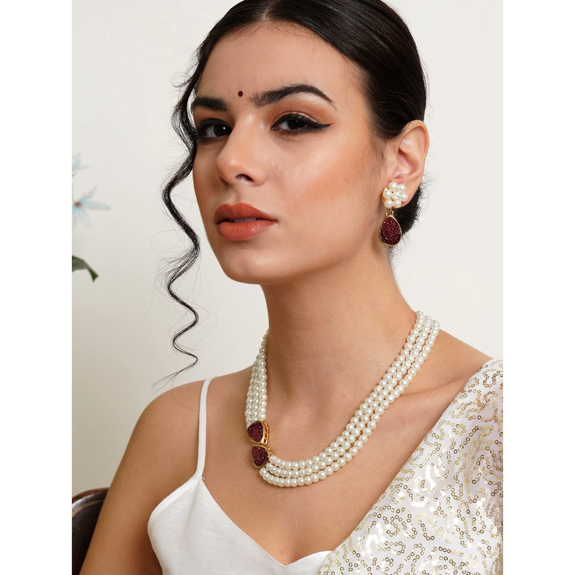 Karatcart Red Stone Studded Pearl Kundan Necklace Set for Women