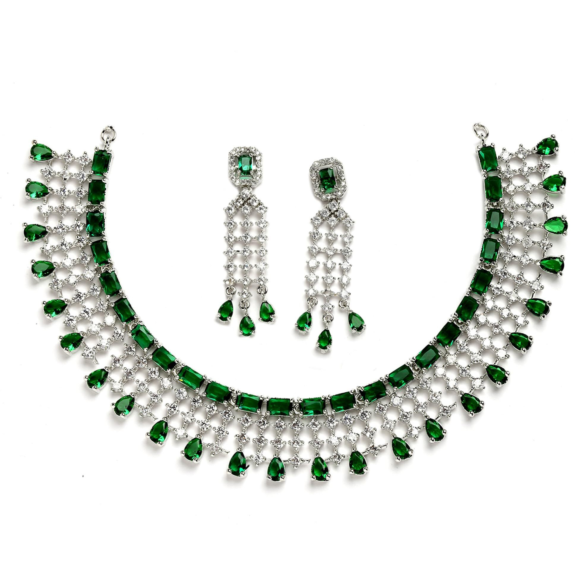 ZENEME Jewellery American Diamond Floral Design Choker Necklace Set With Earring For Women and Girls (Green Rhodium)