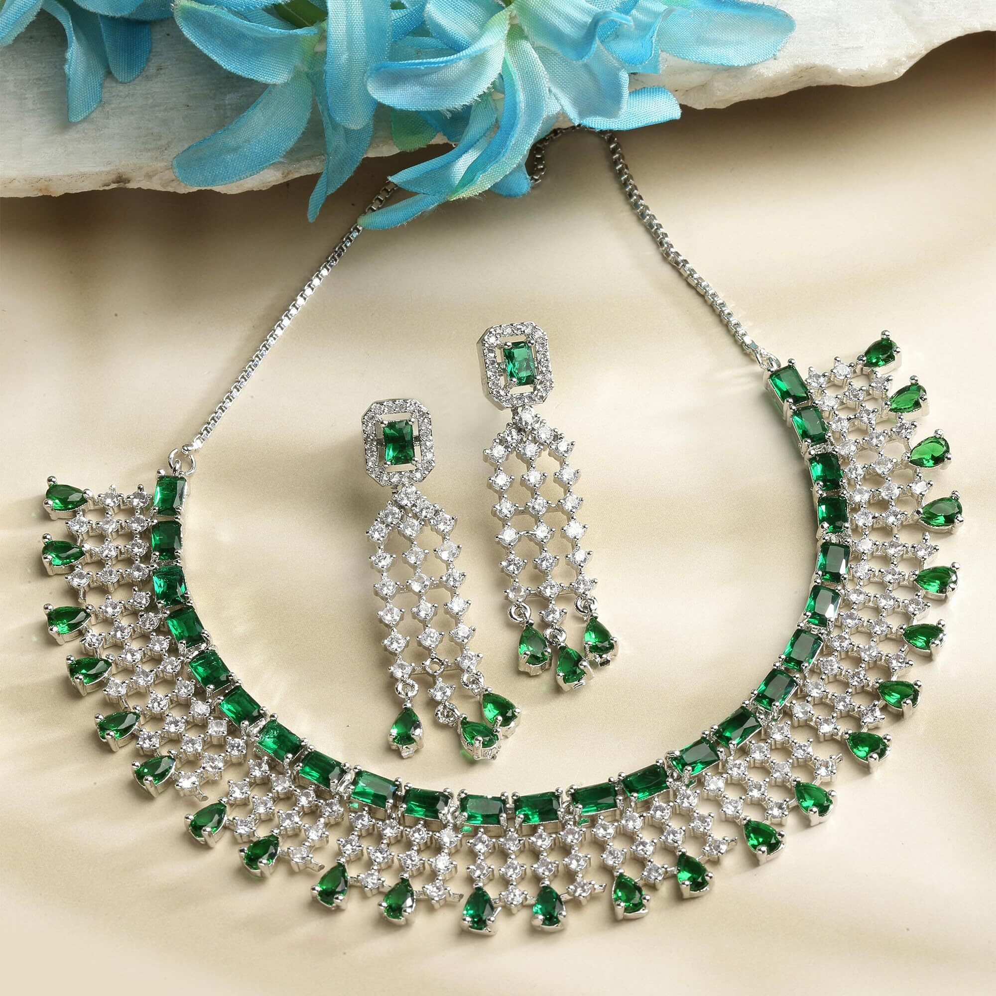 ZENEME Jewellery American Diamond Floral Design Choker Necklace Set With Earring For Women and Girls (Green Rhodium)