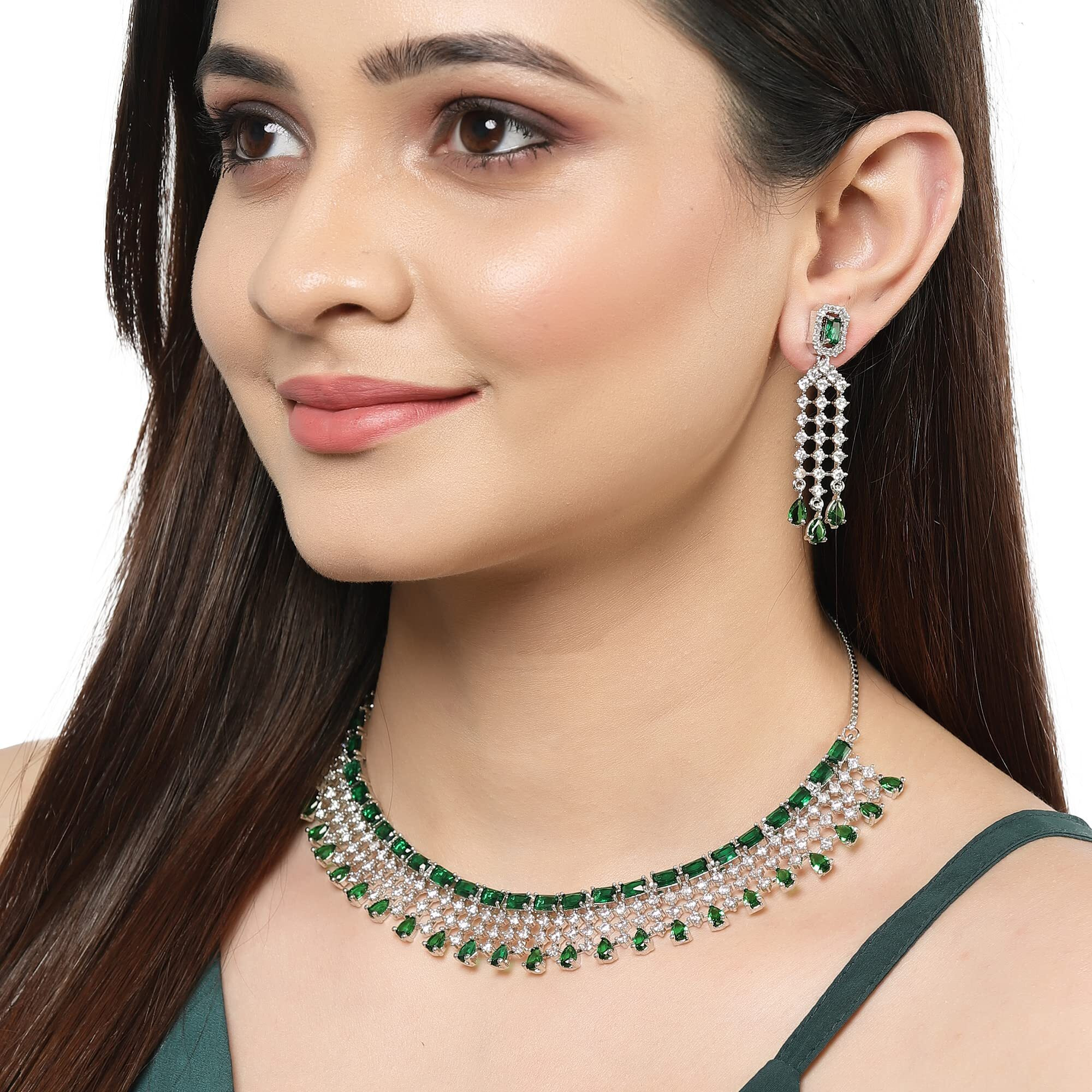 ZENEME Jewellery American Diamond Floral Design Choker Necklace Set With Earring For Women and Girls (Green Rhodium)