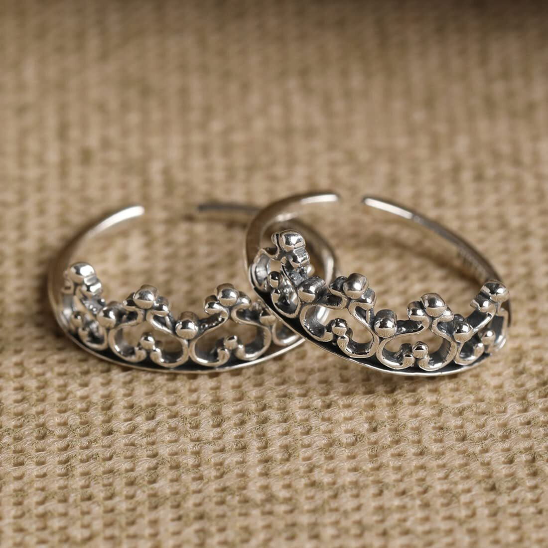 Clara 925 Sterling Silver Crown Toe Rings Pair | Size Adjustable | Gift for Women and Girls