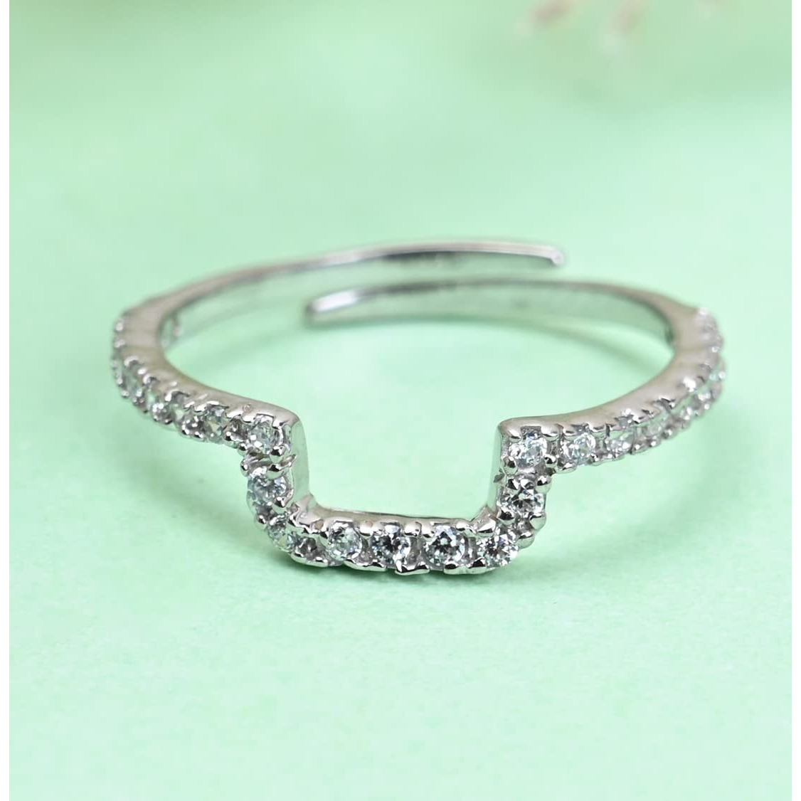 Clara Pure 925 Sterling Silver U shape Finger Ring with Adjustable Band | Gift for Women Girls Wife Girlfriend | Swiss Zircon Rhodium Plated