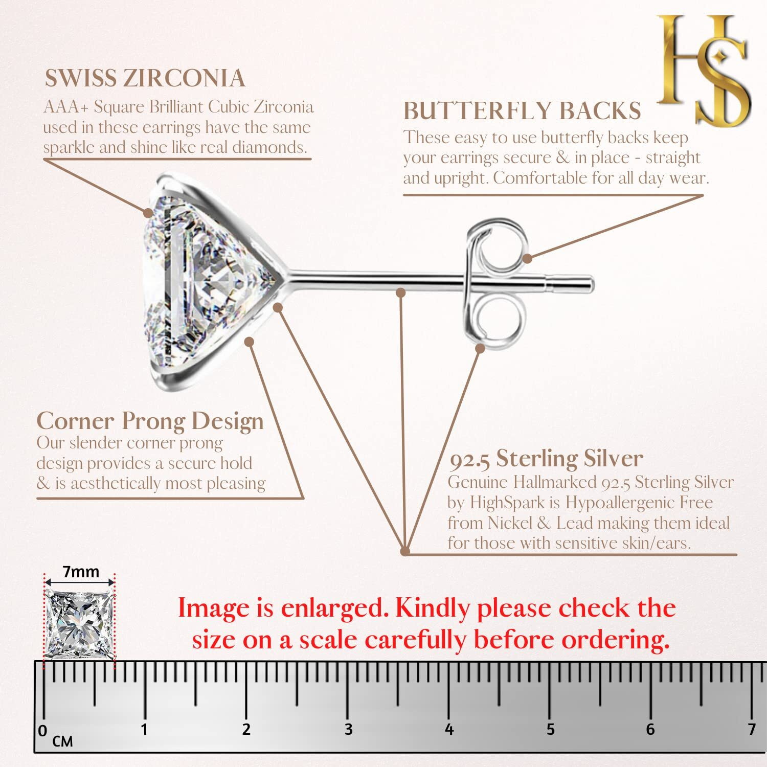 HIGHSPARK 925 Silver Square Solitaire Stud Earrings | 92.5 Sterling Silver & Square Brilliant Cubic Zirconia Tops for Men Women Boys & Girls | Silver 7mm
