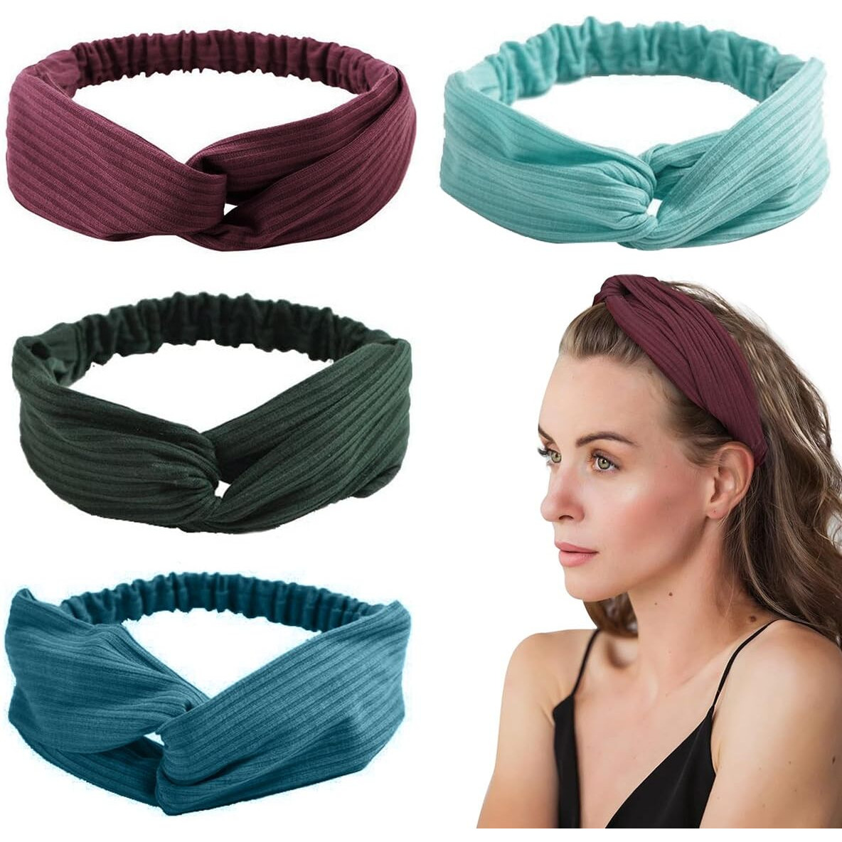 MAYCREATE Headband for Women Girls, Stretchy Turban Hair Bands Hair Wrap Head Bands, Soft Twisted Knots Hairband for Face Clean, Makeup, Yoga, Workout (Multi C)