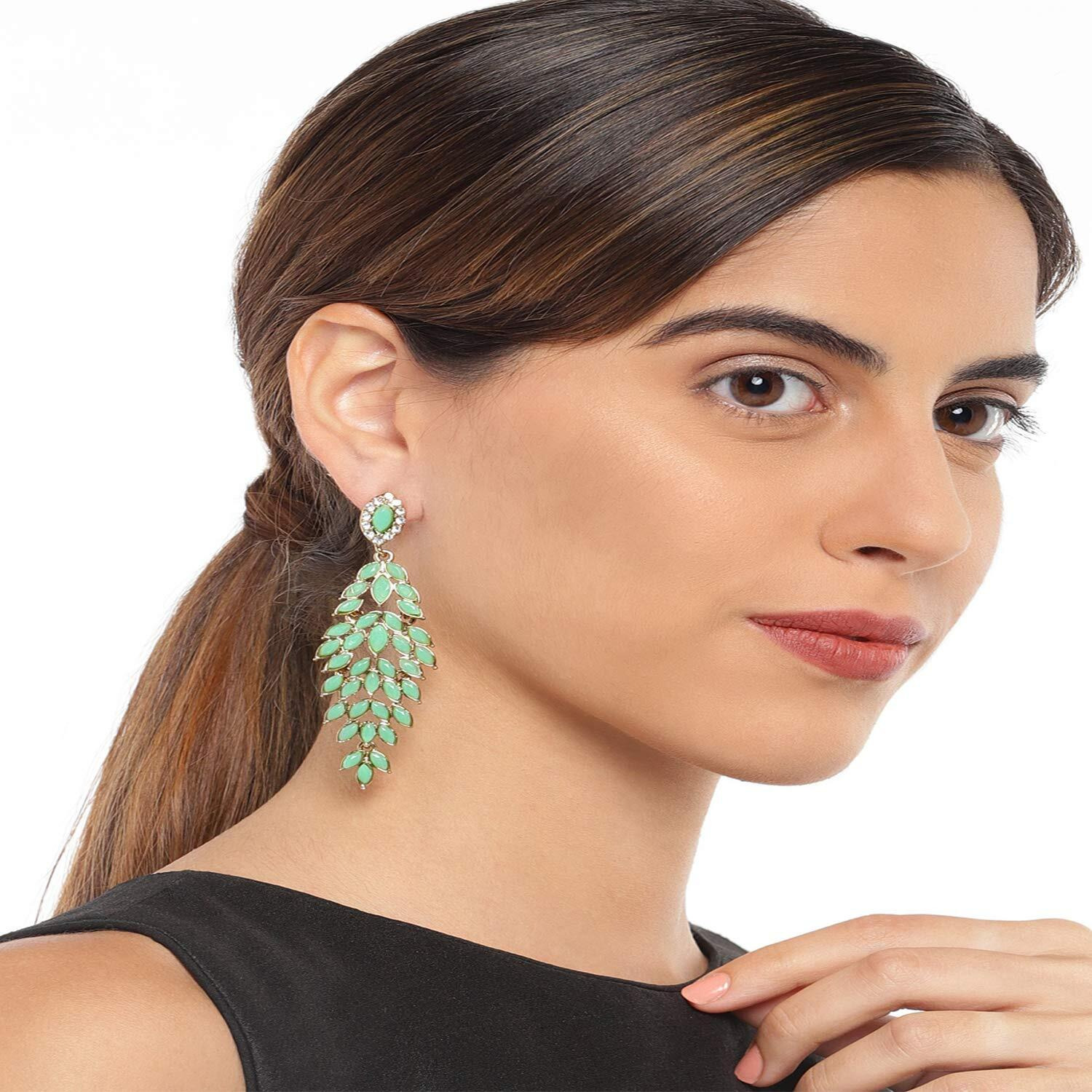 Mahi Gold Plated Dazzling marquise mint green crystals dangler earrings for girls and women ER1109557G