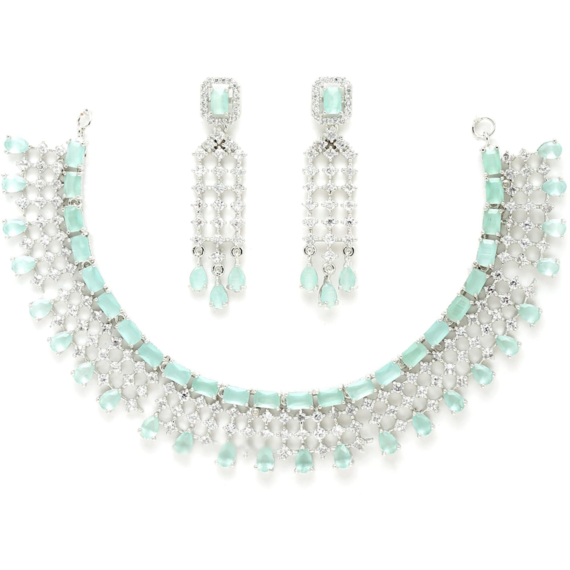 ZENEME Jewellery American Diamond Floral Design Choker Necklace Set With Earring For Women and Girls (Mint Rhodium)