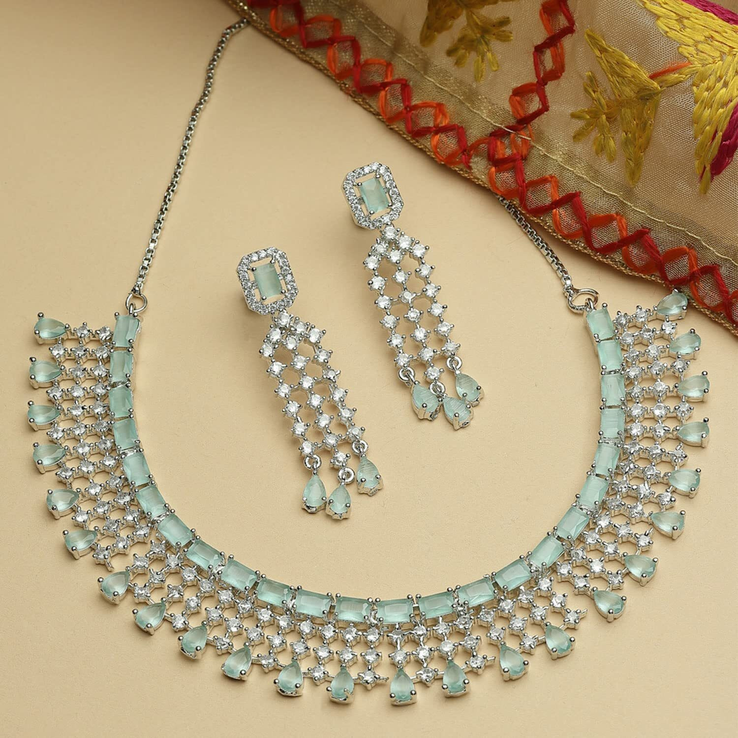 ZENEME Jewellery American Diamond Floral Design Choker Necklace Set With Earring For Women and Girls (Mint Rhodium)