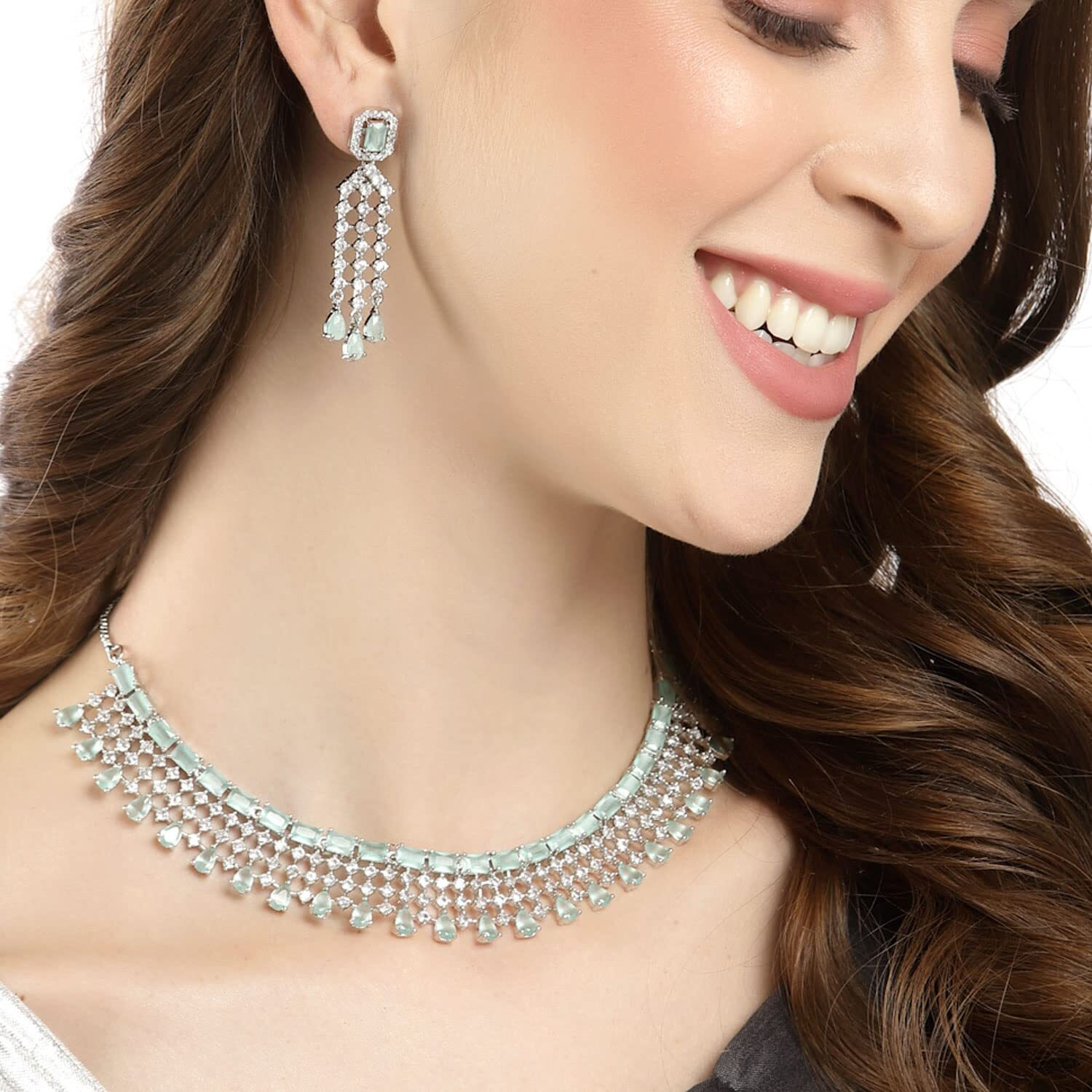 ZENEME Jewellery American Diamond Floral Design Choker Necklace Set With Earring For Women and Girls (Mint Rhodium)