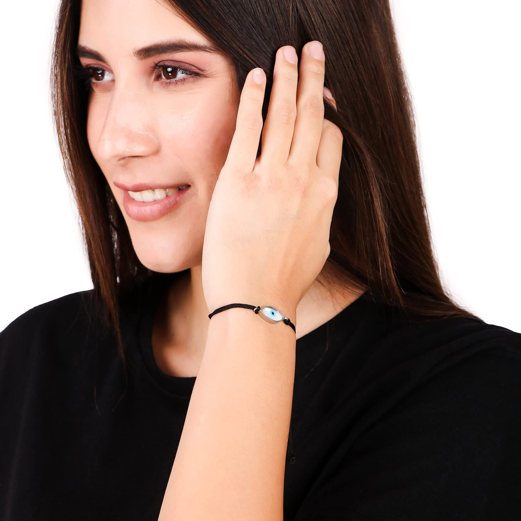 CHOTTEY LAL AND SONS Unisex-adult Chotteylal & Sons 925 Sterling Silver Bracelet Cum Anklet With Marquise Shape Evil Eye Charm Black Thread Nazariya Adjustable Wristband