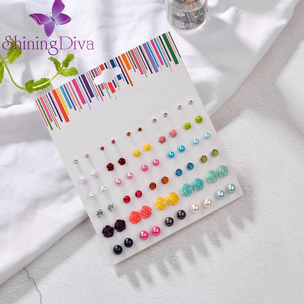 Shining Diva Fashion Multicolour Non Precious Metal Base Metal Crystal Pearl Floral Stud Earrings for Girls (sd12081er, 30 Pairs Combo Set)