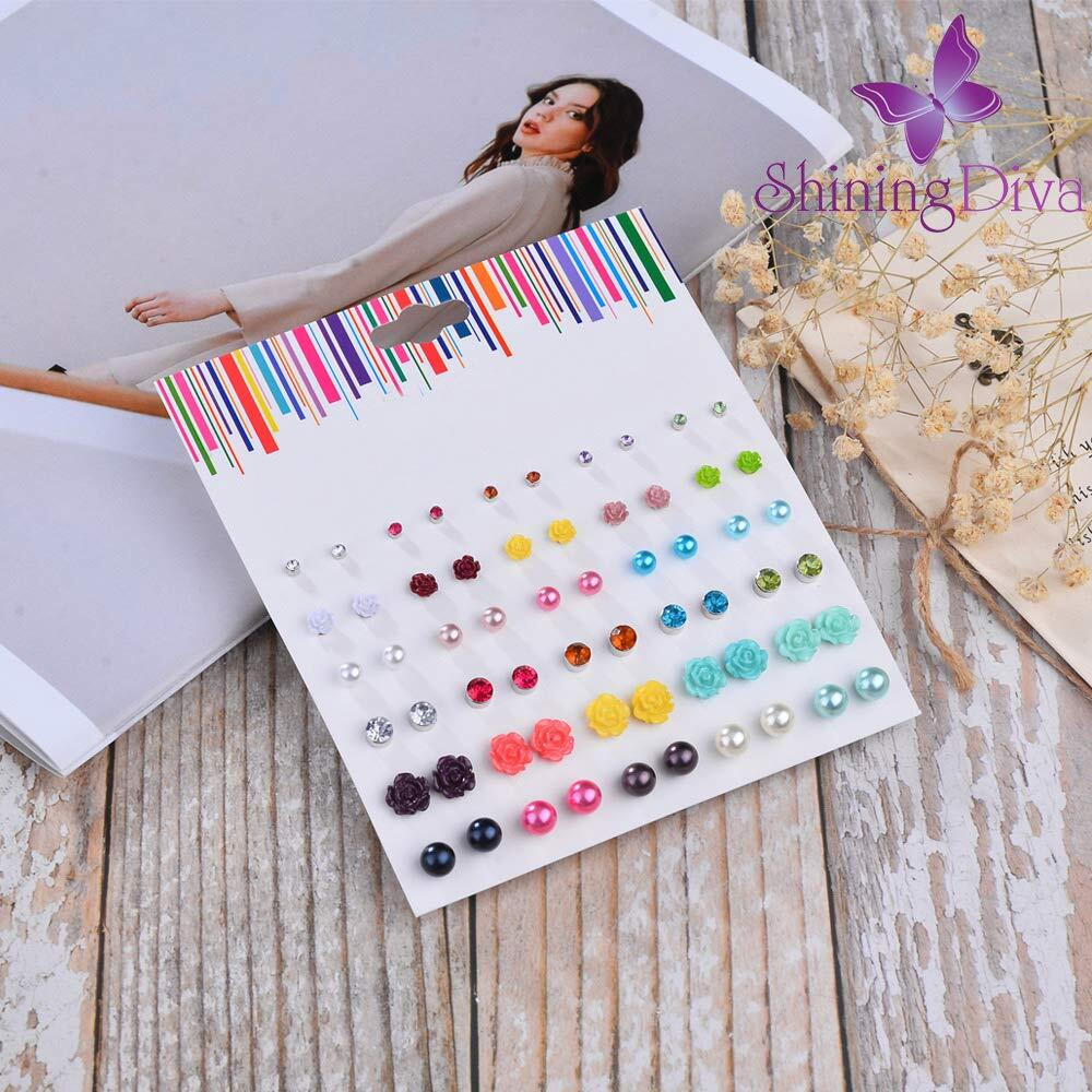 Shining Diva Fashion Multicolour Non Precious Metal Base Metal Crystal Pearl Floral Stud Earrings for Girls (sd12081er, 30 Pairs Combo Set)